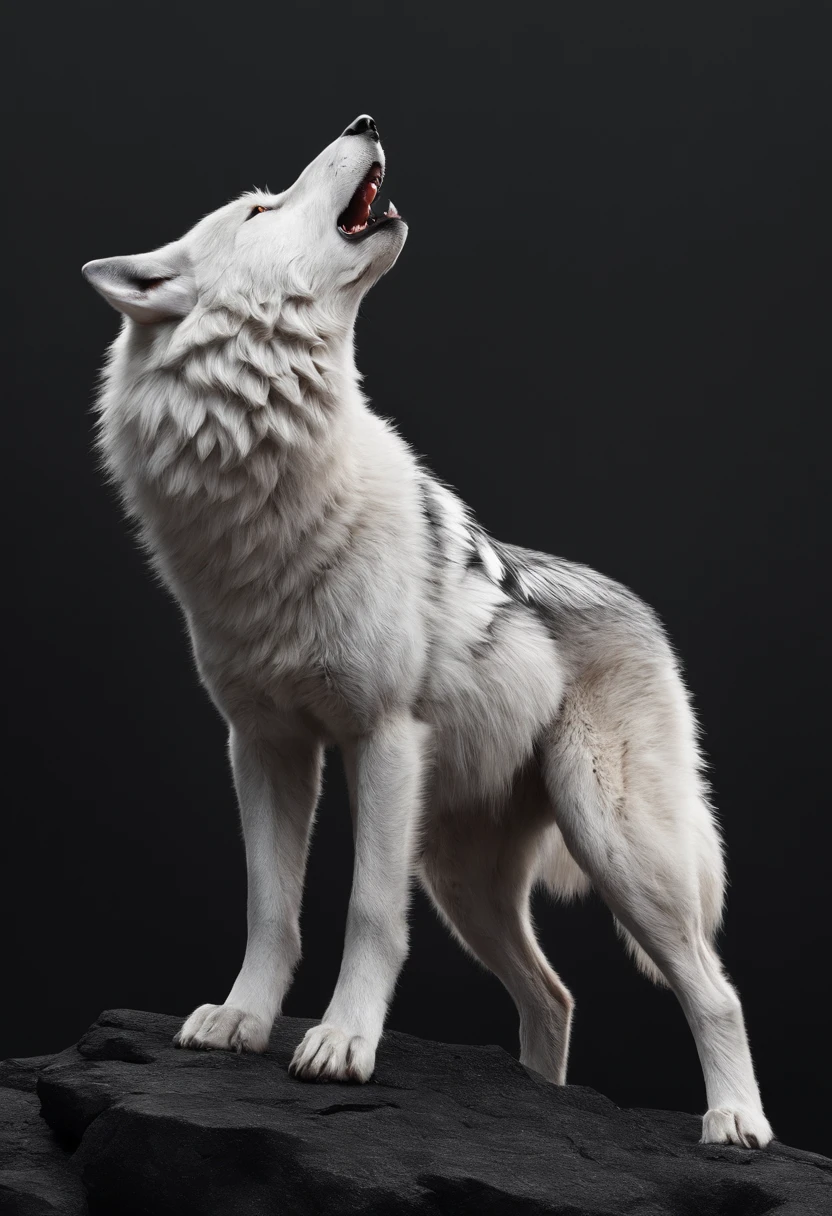 White silhouette design of a single wolf,Silhouette on the edge of a cliff,Wolf howl:1.5,black backgrounds,Beautiful Silhouette,biologically correct