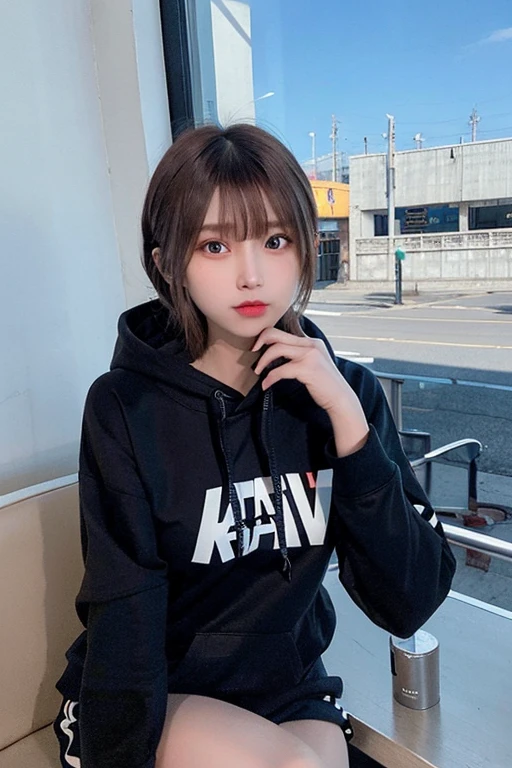 (8K、Raw photography、top-quality、​masterpiece:1.2)、(realisitic、Photorealsitic:1.37)、1 girl in、16 only、cute little、adolable、(blue eyess)、(Shy smile:0.4)、(独奏)、详细的脸、oval-face、Thin almond eyes、Black hair straight、Hair over one eye、A slender、medium breasts⁩、Grey sweat hoodie、Dramatic Angle、tilt of the head、fluorescent lamp、Inside the coffee shop、Sitting by the window、small head、(Facing the other side)、teens girl