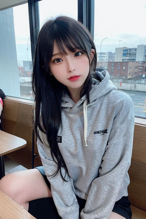 (8K、Raw photography、top-quality、masterpiece:1.2)、(realisitic、Photorealsitic:1.37)、1 girl in、 only、cute little、adolable、(blue eyess)、(Shy smile:0.4)、(独奏)、详细的脸、oval-face、Thin almond eyes、Black hair straight、Hair over one eye、A slender、medium breasts、Grey sweat hoodie、Dramatic Angle、tilt of the head、fluorescent lamp、Inside the coffee shop、Sitting by the window、small head、(Facing the other side)、teens girl