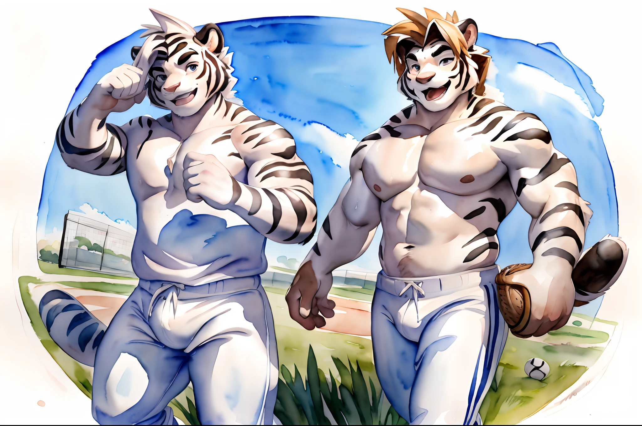 Hominidae, Pose for Camera. 4K, high resolution, Best quality, posted on e621, (Two anthropomorphic white tigers:1.2), Anthropomorphic white tiger, male people, 20yr old, Thick eyebrows, Light blue stripes, shaggy, Strong body, large pecs, ((Shirtless)), They play softball together, Pink milk clusters, sweat leggs, White leggings sweatpants, Slight bulge, on a grassy field, (sport, Muscular, Heavyweight:1.2), Correct anatomy, (White background, Watercolor background:1.1), (by Chunie, author：Taran Fidler:0.8), (Detailed eyes:1.2), Sexy, (cel-shaded:1.2), cartoon shading, (aquarelle:1.2), having fun, Be red in the face, (view the viewer:1.2), Look ahead