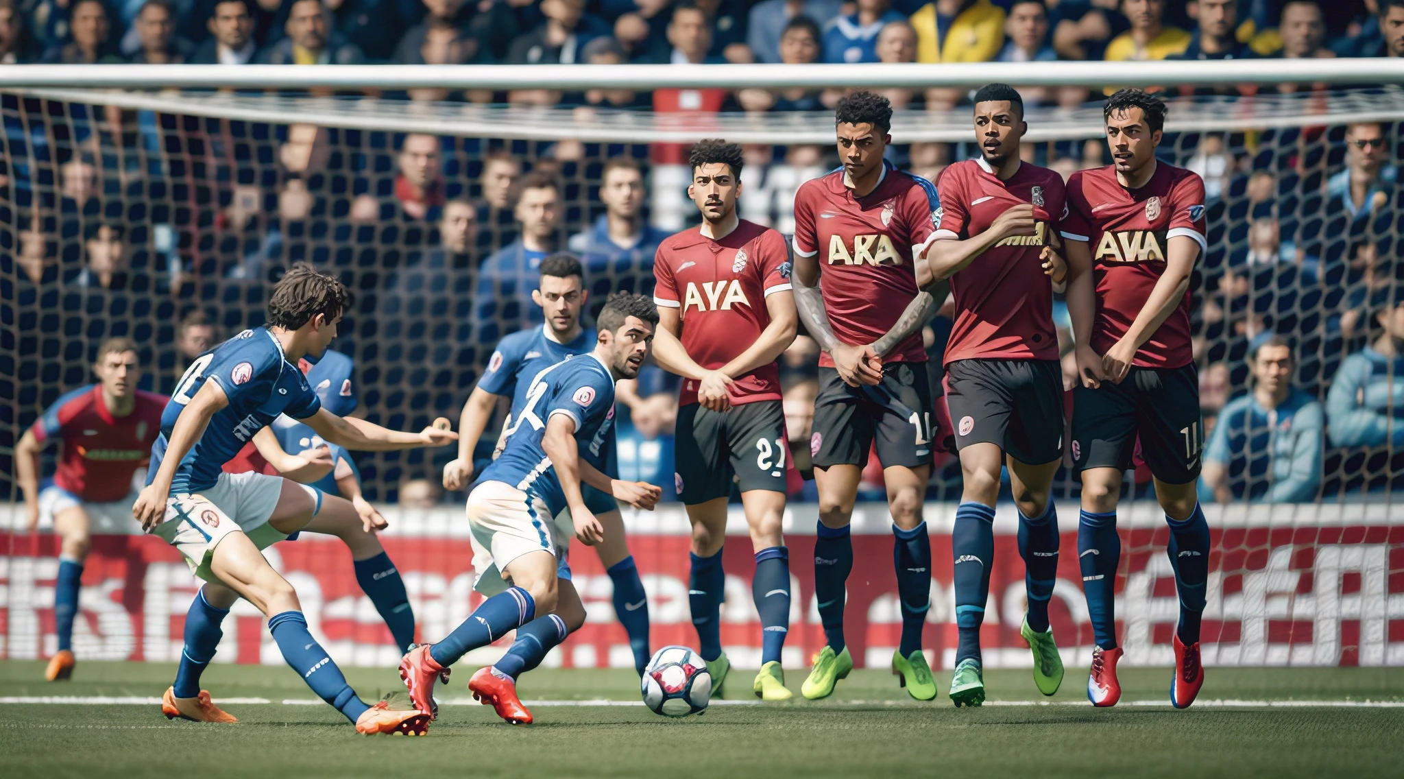 (8k, RAW photo, best quality, masterpiece:1.2), (realistic, photorealistic:1.37), ultra-detailed, araffe soccer players in action during a match in front of a crowd, the best ever, award-winning shot, award - winning shot, edited, absolutely outstanding image, photos, award winning shot, stunning visual, profile pic, 1614572159, 1786560639, saving the day again