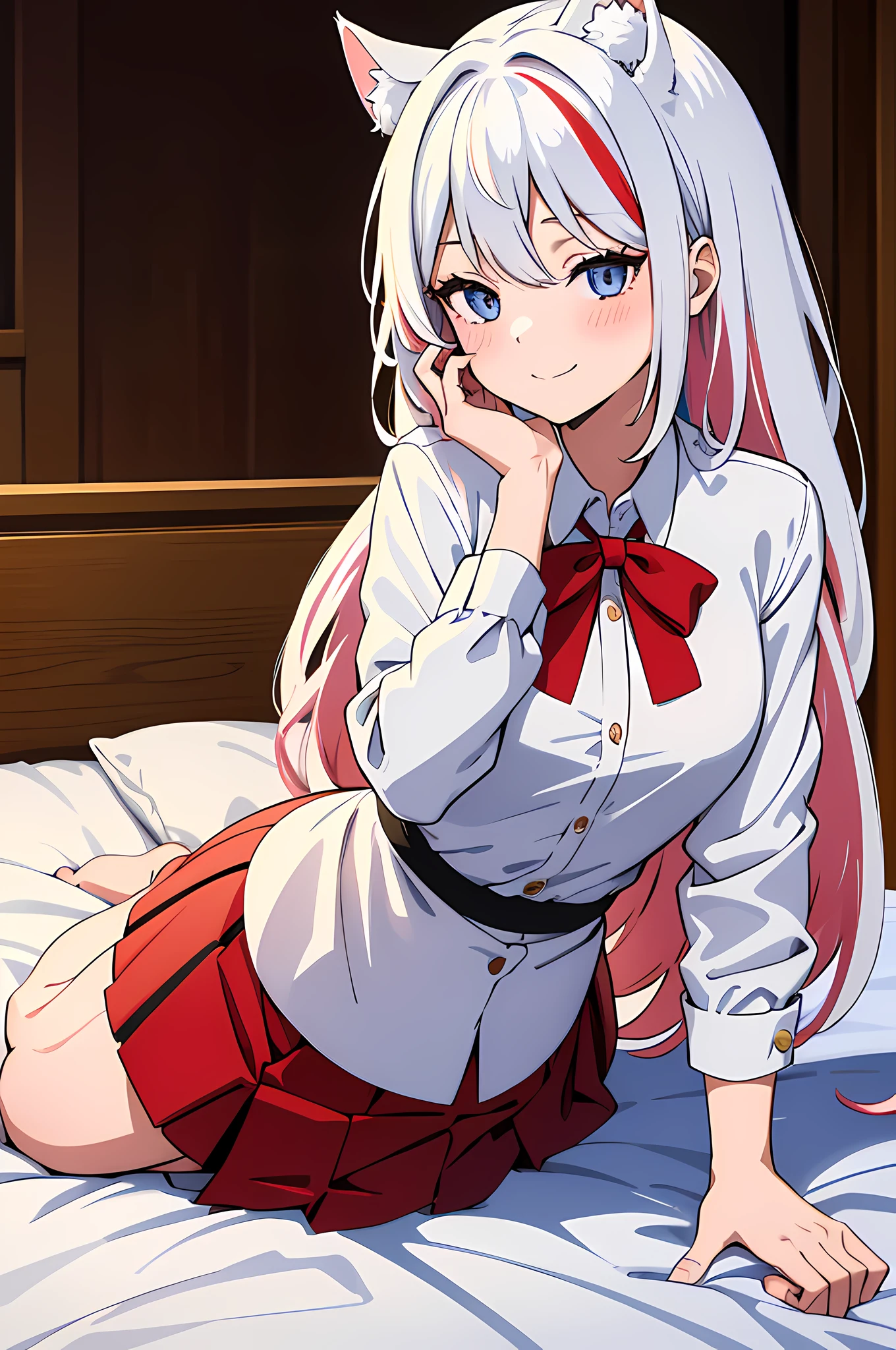 expressive eyes, perfect face, highly detailed, high resolution, 1girl, white hair, long straight hair, (bear ears), cute hairpins, cute face, red and pink eyes, (white shirt), (oversized shirt), (panty), (white thigh-highs), on the bed, cute pose, ((white fluffly tail)), (thigh job), (masterpiece), best quality, 4k