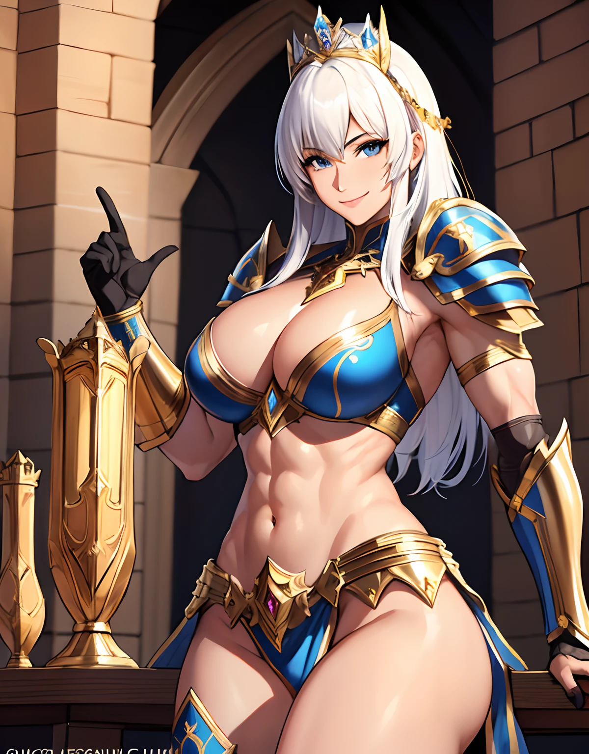 (1 mature muscular female paladin,Gorgeous Paladin Armor,arm guards,Leg Guards,Head dress,25-years old), ((castle,The King's Chamber)),(Smile),Dynamic Pose,Dynamic Angle,Navel,pose for photo,From below