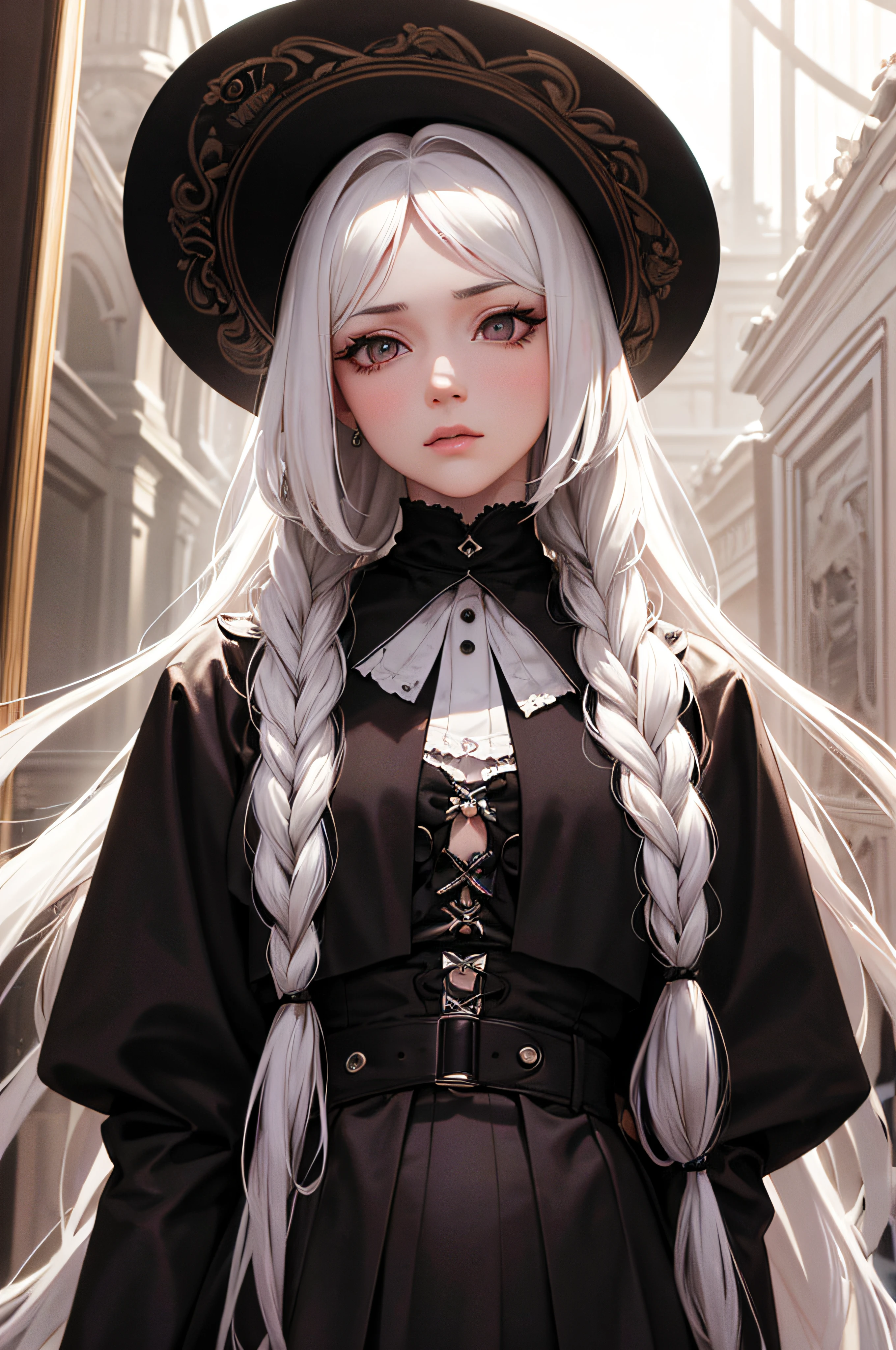 masterpiece, highest quality, solo focus, (perfect face:1.1), (high detail:1.1),dramatic, 1guy, (pale skin), long voluminous braided white hair, white eyes, solo, long hair, moon, night, white luxury suit, white fedora hat, covered navel, pouty lips, covered, Jazz club, detailed background, art by artgerm and greg rutkowski, gothic renaissance, cinematic lighting,