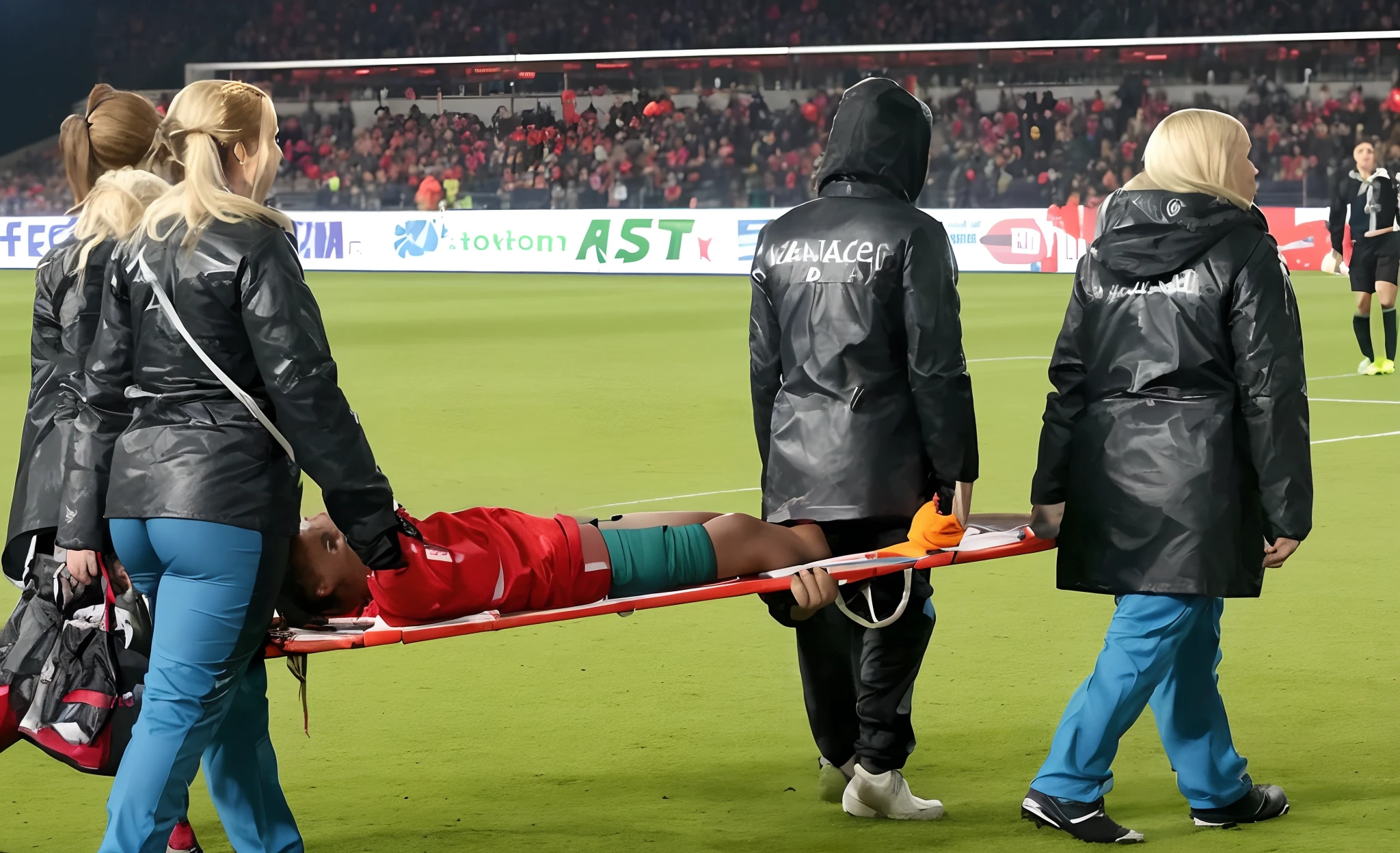 a soccer scene in a german sports stadium, injury scene in a sports stadium, stretcher carry, an injured soccer player is lying head first on his back on a stretcher and is covering his head with the hand, there are four young schoolgirls in shiny leather-trousers carrying a stretcher, there are four longhaired schoolgirls in high-shine latex-leggings who are carrying a stretcher in a german sports stadium, there is a wounded male soccer player in a short sports outfit lying head first on the stretcher, an injured male soccer player is lying head first on his back on a stretcher and is covering his agonised face with a hand, a soccer player is rearing up in intense pain while lying head first on his back on a stretcher and covering his head with a hand, dramatic scene, theatralic posing scene, dramatic pity scene, injury soccer, first aid, help, pity, there are four very angry looking schoolgirls in shiny latex-trousers who are looking very sad and very terrified and very shocked, the injured soccer player is screaming out in pain while he is carried from the pitch on a stretcher