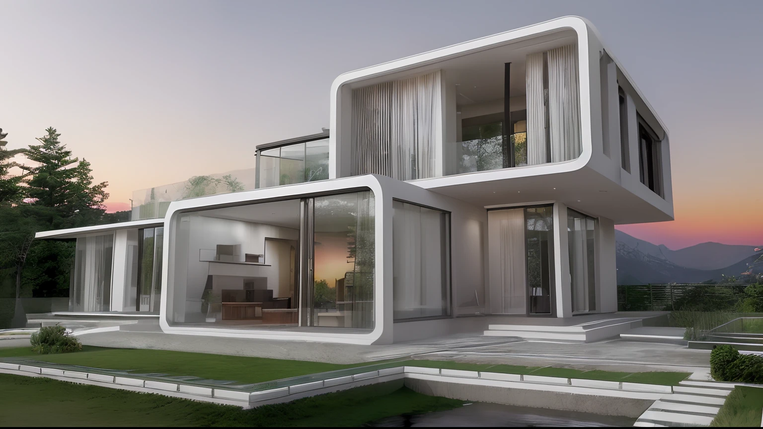 RAW photo,Masterpiece, high quality, best quality, authentic, super detail, exterior, one villa style modern on the mountainside , (Modern minimalist lines:1.2),(white wall:1.1), railing glass, glass windows,trees, grass, ((sunset)), sky, vivid colour, (high detailed :1.2), 8k uhd, dslr, soft lighting, high quality, film grain, Fujifilm XT3