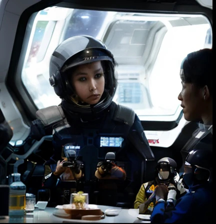 Create a vibrant and calming scene depicting a group of diverse crew members gathered around a table in the spaceship's break room. They are enjoying a moment of relaxation and camaraderie during their break time. The room is adorned with futuristic, space-themed decor, and there are large windows in the background showcasing a breathtaking view of distant stars and nebulae. The crew members are dressed comfortably in the discussed attire, wearing skin suits with full coverage. They have content smiles on their faces, suggesting a sense of belonging and unity among them. The atmosphere should radiate warmth and positivity, capturing the essence of a well-deserved break in the vastness of space