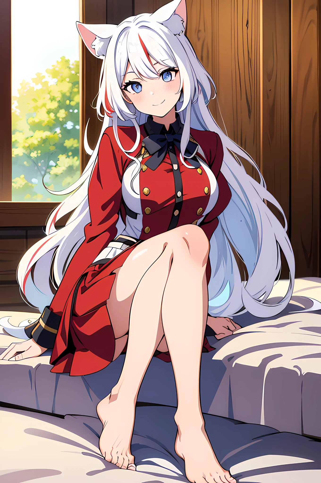 (1girl in, with nekomimi),(beautiful eyes finely detailed, Face to detail, red and white hair color, multi colored hair), oldschool black magical student uniform, long skirt, sitting on bed arms behind back, mischievous facial expression, smiling, blush on her face, camera angle from top, full body, masterpiece sidelighting, masterpiece, top-quality, detailed, High resolution illustration