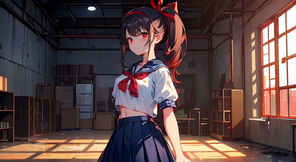 hight resolution、animesque、darkened room、warehouse、Steampunk Factory、inside factory、Abandoned rooms、Concrete room、(one girls:1.4)、A dark-haired、(校服:1.3)、(Skirt High School Student:1.3)、white shirt、(Dark blue skirt:1.2)、(shortsleeves:1.2) 、(a navel:1.3)、(red eyes:1.4)、(Short ponytail:1.2)、(Ribbon Hair Band:1.3)、get blush