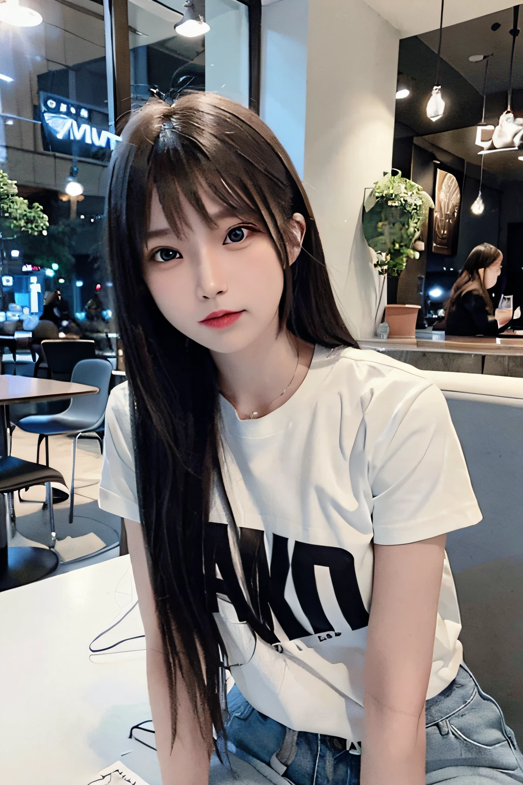 (8K、Raw photography、top-quality、masterpiece:1.2)、(realisitic、Photorealsitic:1.37)、1 girl in、 only、cute little、adolable、(blue eyess)、(Shy smile:0.4)、(独奏)、详细的脸、oval-face、Thin almond eyes、Black hair straight、Hair over one eye、A slender、medium breasts、jaket、White tee shirt、Dramatic Angle、tilt of the head、fluorescent lamp、Inside the coffee shop、Sitting by the window、small head、(Facing the other side)、teens girl