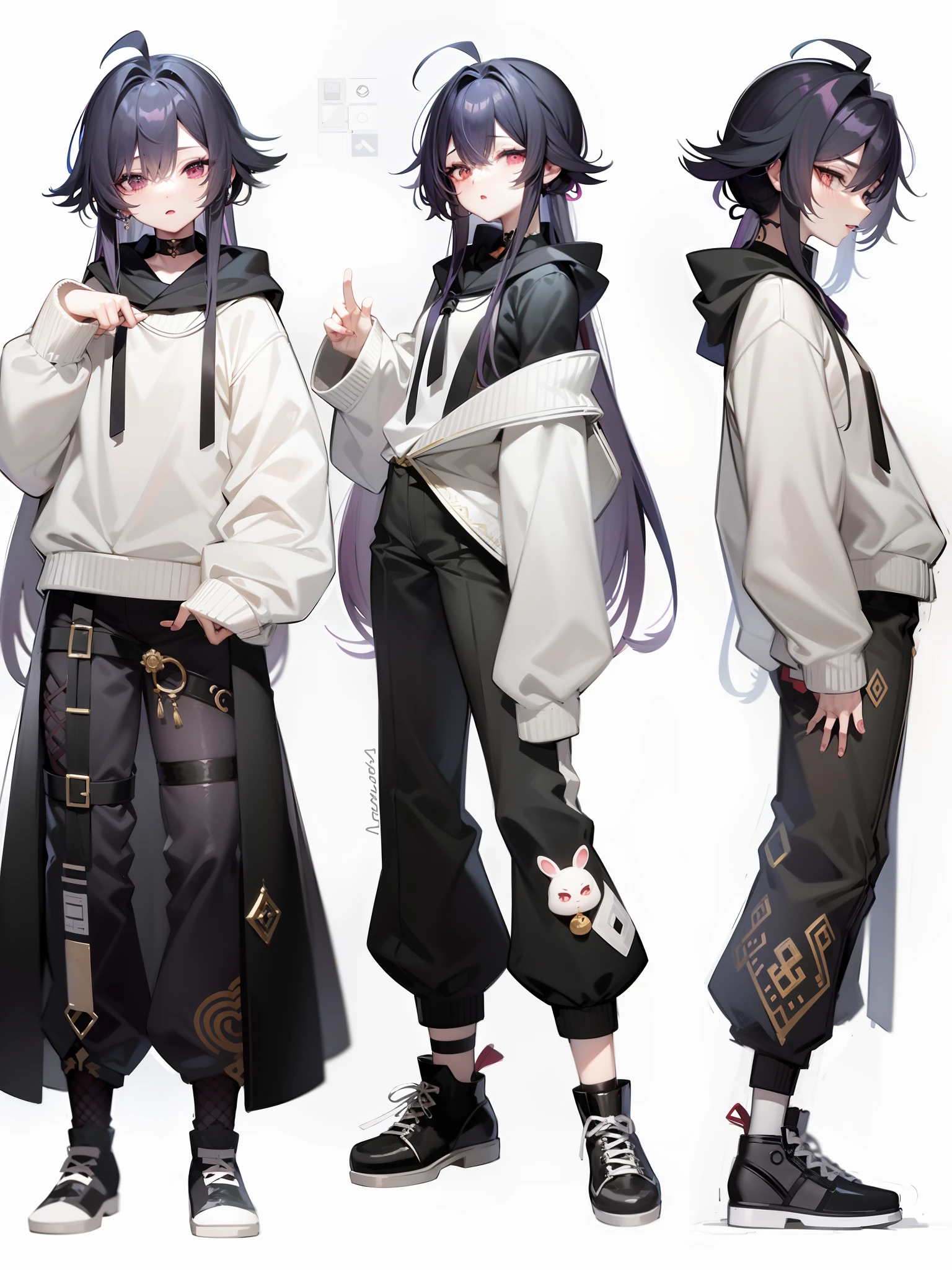 anime moe artstyle, style anime, high quality anime artstyle,  anime style only, modern anime style, anime full body illustration, anime styled, anime style 4 k, anime style character, cute anime style, anime vibes, anime artstyle, anime character, anime boy, anime, Kawai, different clothes, character design, long hair half black half white, reference sheet, anime trap, full body, one eye is black the other is white, full body, man, male looking female, character design, Japanese clothes, multiple view, reference sheet