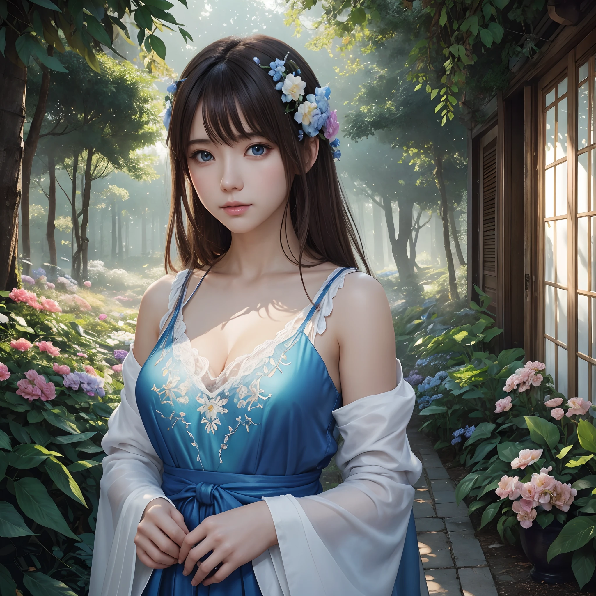 hightquality、8K Ultra HD、fullllbody、16-year-old woman、Diagonal direction、robe blanche、light brown hair、Blue eyes、(A lovely healing forest and flower garden in the background)、cute little、Beautiful fece、portlate、Antique architecture、Peaceful Forest、art by:Alberto Seveso、Symmetrical、Abstract art style、Complex and intricate watercolor painting 、digitial painting、concept-art、Volumetric lighting、TanvirTamim、metal reflective、2d render、8K。 by artgerm、Trending on ArtStation