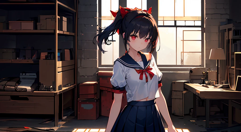 hight resolution、animesque、darkened room、warehouse、Steampunk Factory、inside factory、Abandoned rooms、Concrete room、(one girls:1.4)、A dark-haired、(校服:1.3)、(Skirt High School Student:1.3)、white shirt、(Dark blue skirt:1.2)、(shortsleeves:1.2) 、(a navel:1.3)、(red eyes:1.4)、(Short ponytail:1.2)、(Ribbon Hair Band:1.3)、get blush