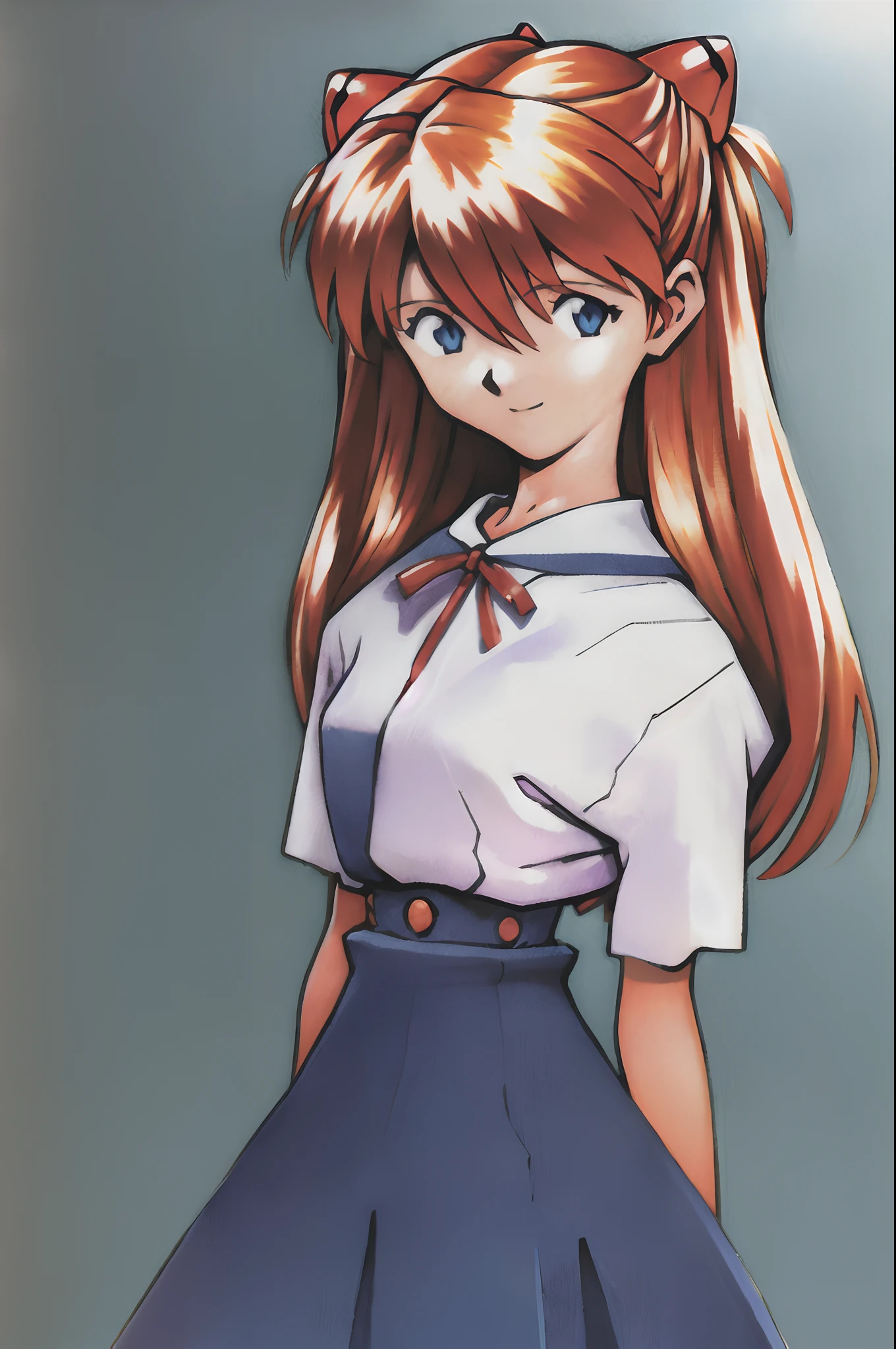 watch, wristwatch, 1girl, souryuu asuka langley, solo, long hair, school uniform, blue eyes, smile, white background, ribbon, shirt, simple background, own hands together, orange hair, short sleeves, skirt, red ribbon, neck ribbon, white shirt, bangs, hair between eyes, looking at viewer, tokyo-3 middle school uniform, signature, closed mouth, two side up, hair ornament, suspender skirt, interface headset, suspenders, traditional media, cowboy shot, interlocked fingers, blue skirt,