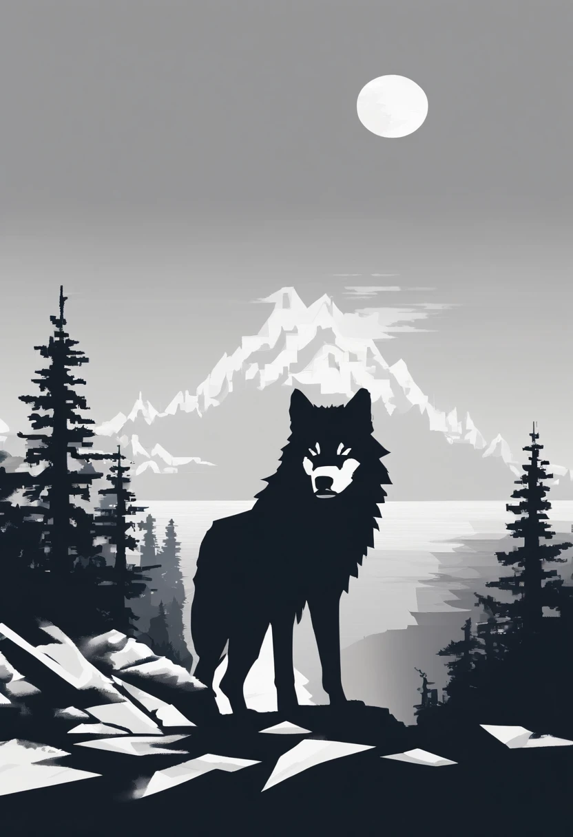 White silhouette design of a single wolf,Silhouette on the edge of a cliff,Wolf howl:1.5,black backgrounds,Beautiful Silhouette,biologically correct