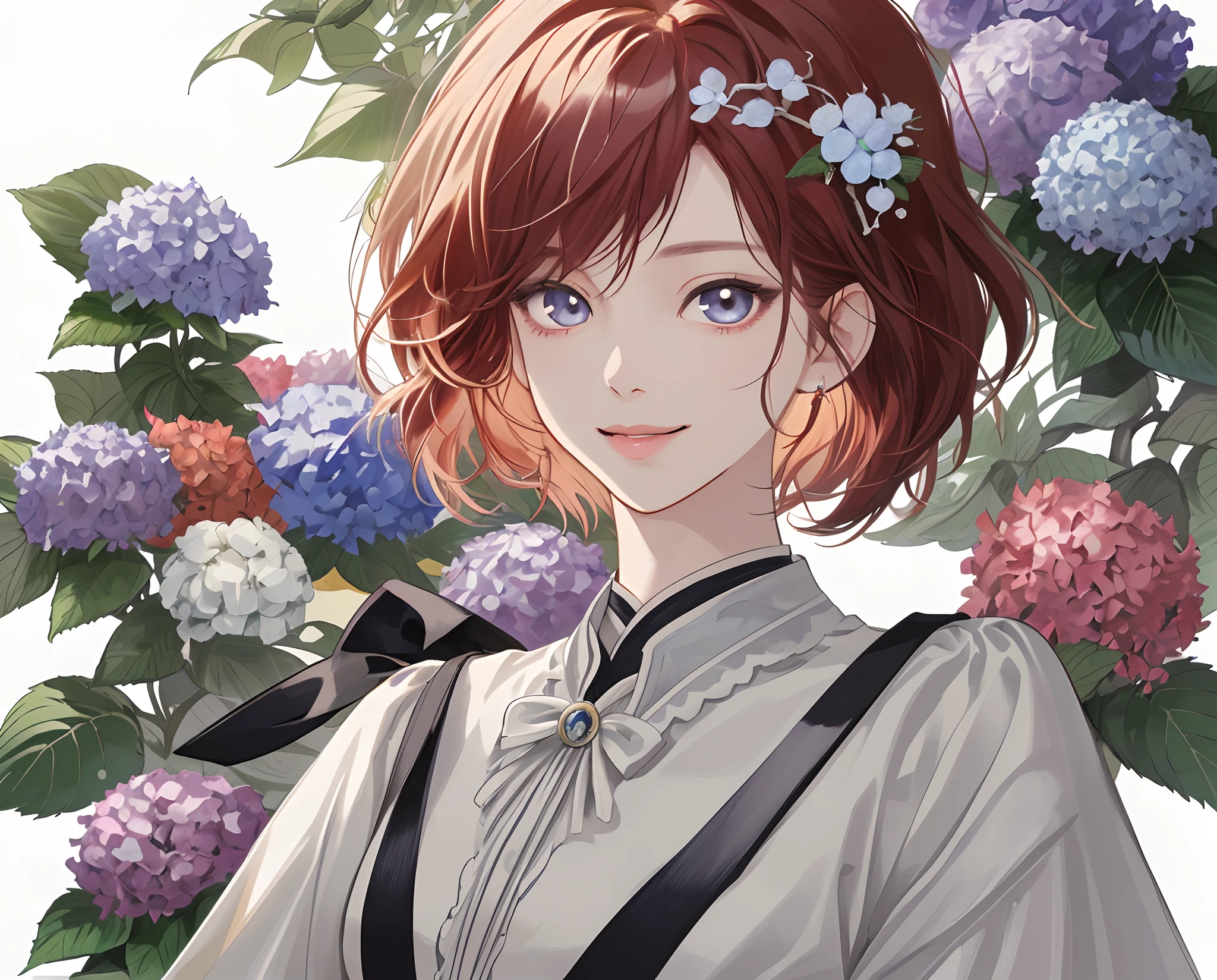 masterpiece、top-quality、超A high resolution、2D beautiful girl、animesque、teens girl、Dark red hair、short-haired、Hydrangea hair ornament、Beautiful silver eyes、The clothes are also depicted in detail、Eyes are depicted in detail、The face is depicted in detail、sorcerer、soio、Gentle smile、hair adornments、animesque、illustratio