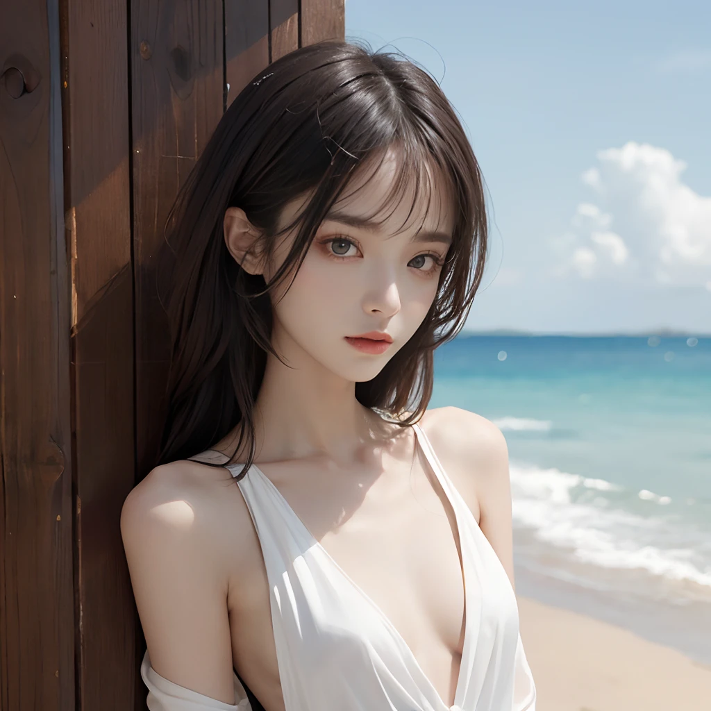 girl with, a beauty girl,((up of face))、The wind is blowing、Well-formed face、((From shoulders up))、ars、８Head and body、a small face、A slender、Very skinny、skinny、tiny chest,Ribs、discreet breasts、Smaller chest、small tits、beauty legs、Constricted waist、dented belly、Model body type、Beautiful black hair with luster、Backgrounds that look like real photos、(((Revealing clothing)))、portlate、Revealing look、