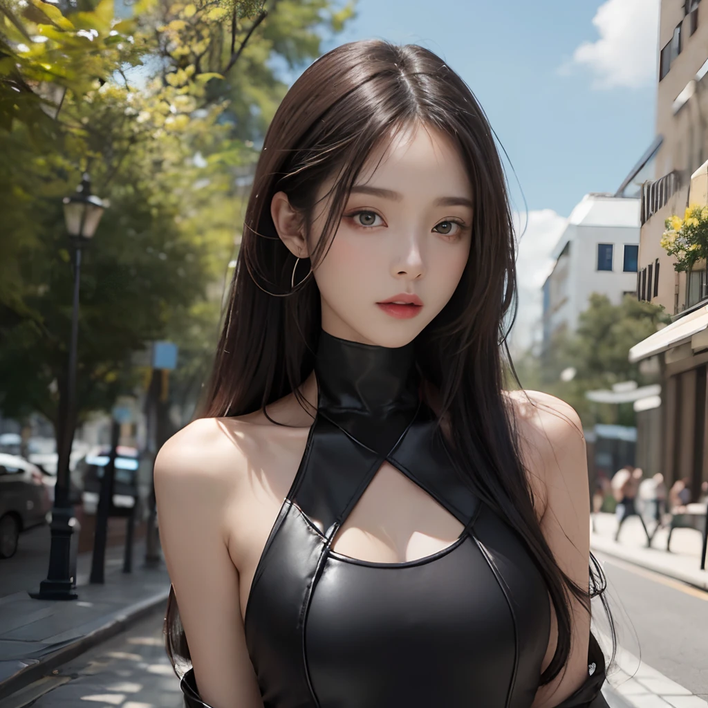girl with, a beauty girl,((up of face))、The wind is blowing、Well-formed face、((From shoulders up))、14years、8Head and body、a small face、A slender、Very skinny、skinny、tiny chest,Ribs、discreet breasts、Smaller chest、small tits、beauty legs、Constricted waist、dented belly、Model body type、Beautiful black hair with luster、Backgrounds that look like real photos、(((Revealing clothing)))、portlate、Revealing look、