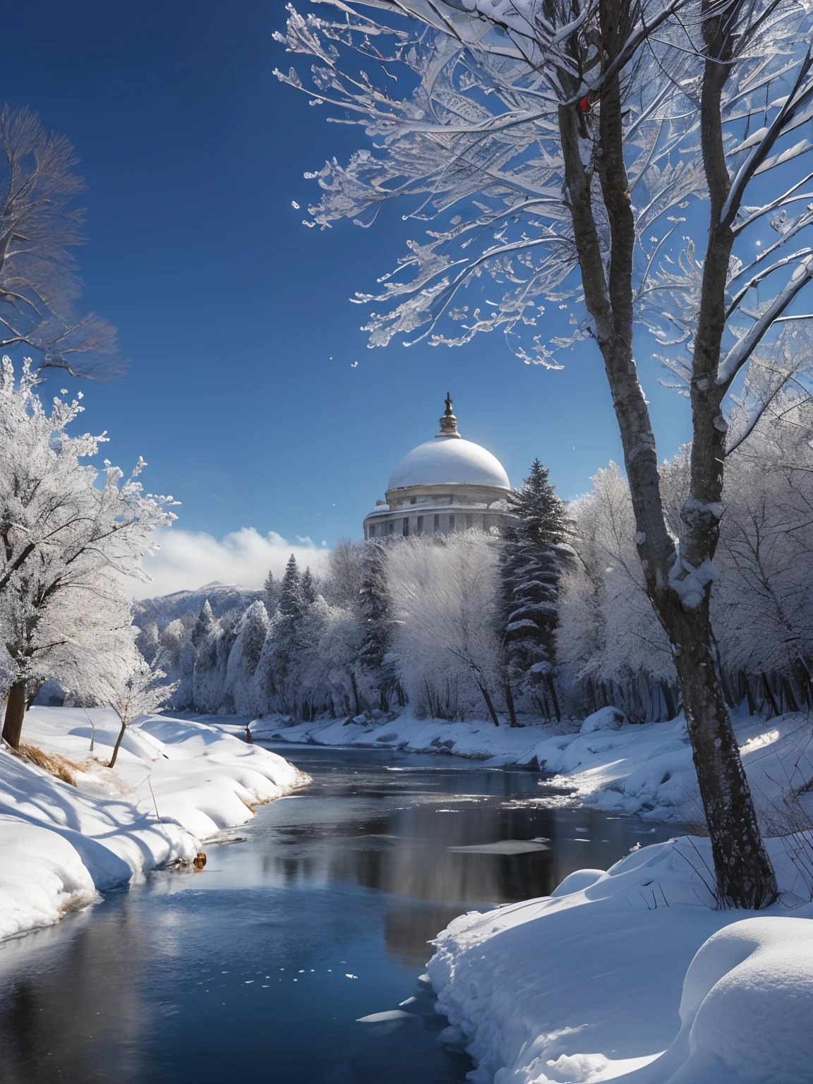 A high resolution,ultra - detailed,offcial art,统一 8k 壁纸,ultra - detailed,Beauty and aesthetics,Master masterpieces,best qualtiy,Solo, reality, Winter dawn, (The rising sun),(Bring a little golden warmth to a cold winter day),A crooked stream,The pine trees along the river are covered with ice crystals, Ice and snow,The rising sun is golden,Shine by the river,Bring a little warmth to the cold winter,(Zen entanglement,Ice and snow,Tangled,entangled),(s fractal art:1.3),Photorealistic photorealism,(Master masterpieces,top-quality,best qualityer,offcial art,Beauty and aesthetics:1.2),Very detailed,s fractal art,Variegated,Most details,zentangle,(abstract backgrounds:1.5)