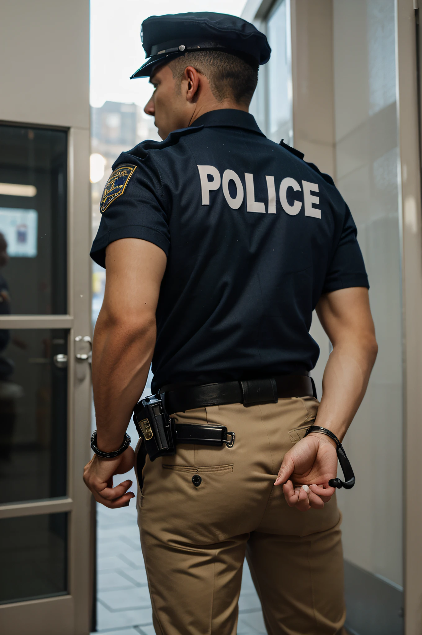 A policeman holds handcuffs, rear view (close-up view of his hands