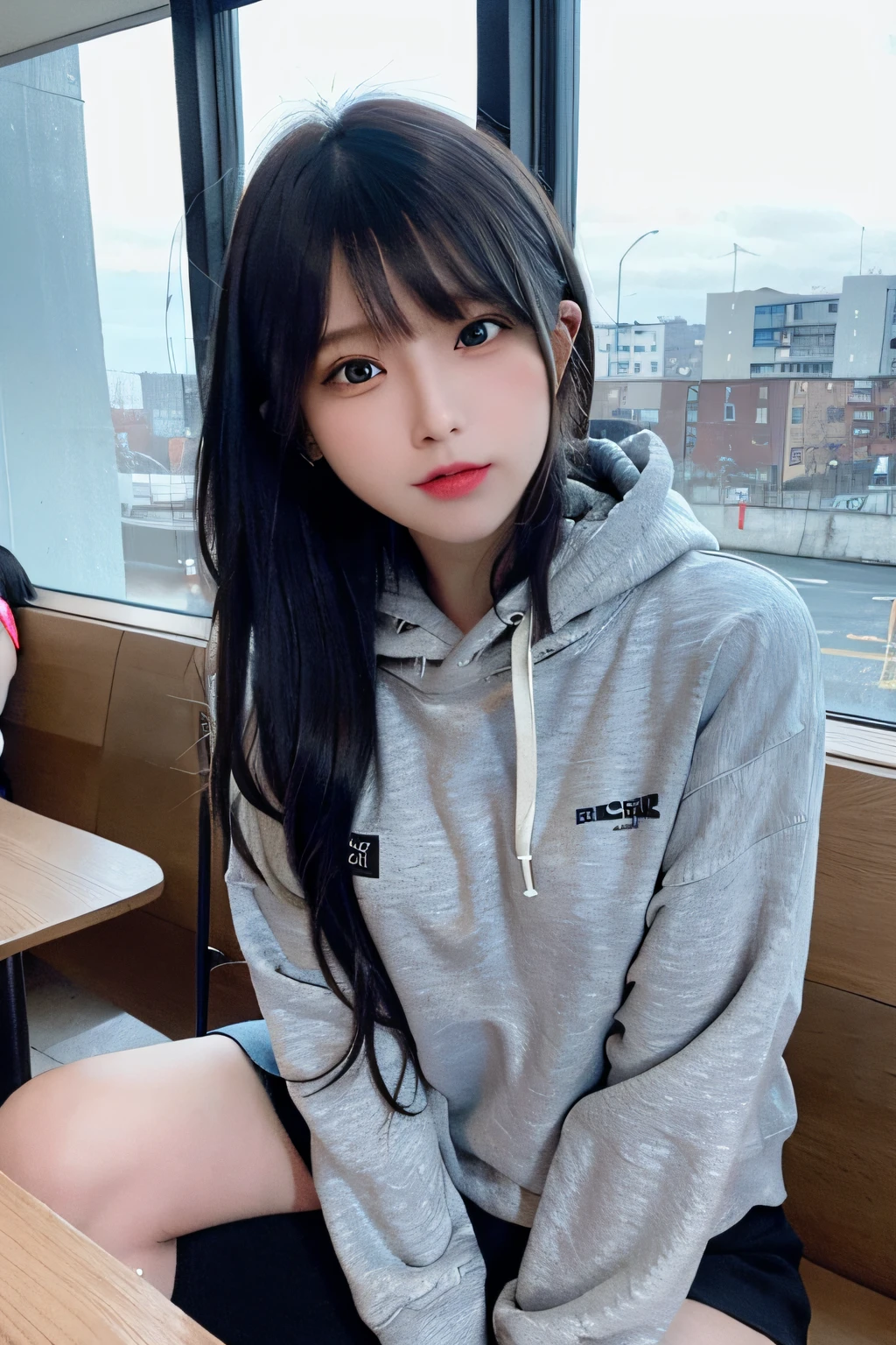 (8K、Raw photography、top-quality、​masterpiece:1.2)、(realisitic、Photorealsitic:1.37)、1 girl in、 only、cute little、adolable、(blue eyess)、(Shy smile:0.4)、(独奏)、详细的脸、oval-face、Thin almond eyes、Black hair straight、Hair over one eye、A slender、medium breasts⁩、Grey sweat hoodie、Dramatic Angle、tilt of the head、fluorescent lamp、Inside the coffee shop、Sitting by the window、small head、(Facing the other side)、teens girl