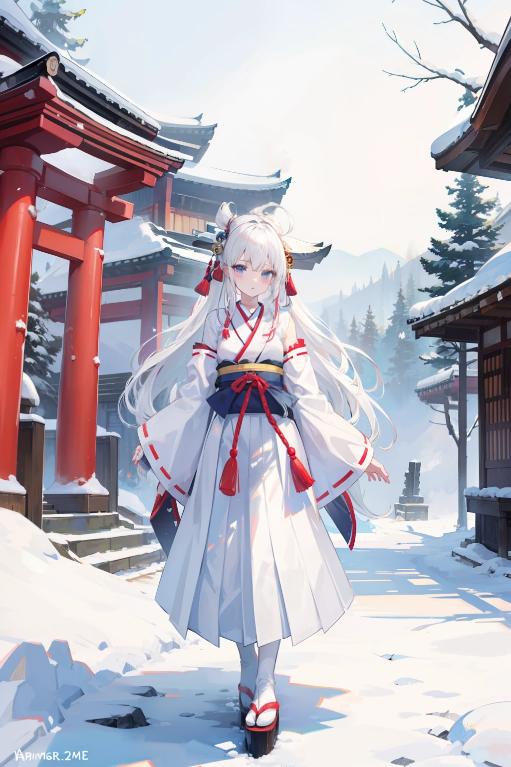 white hair,Top image quality,teens girl,hime-cut,small tits,snowscape,shrines,Hakama,kimono