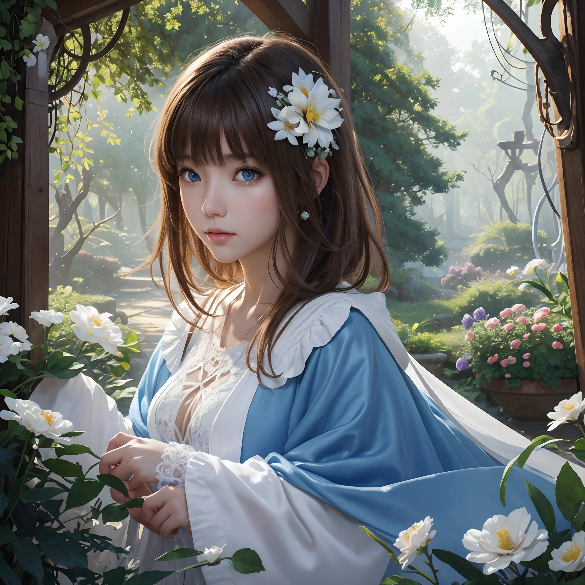 hightquality、8K Ultra HD、fullllbody、-yeld wo、Diagonal direction、robe blanche、light brown hair、Blue eyes、(A lovely healing forest and flower garden in the background)、cute little、Beautiful fece、portlate、Antique architecture、Peaceful Forest、art by:Alberto Seveso、Symmetrical、Abstract art style、Complex and intricate watercolor painting 、digitial painting、concept-art、Volumetric lighting、TanvirTamim、metal reflective、2d render、8K。 by artgerm、Trending on ArtStation