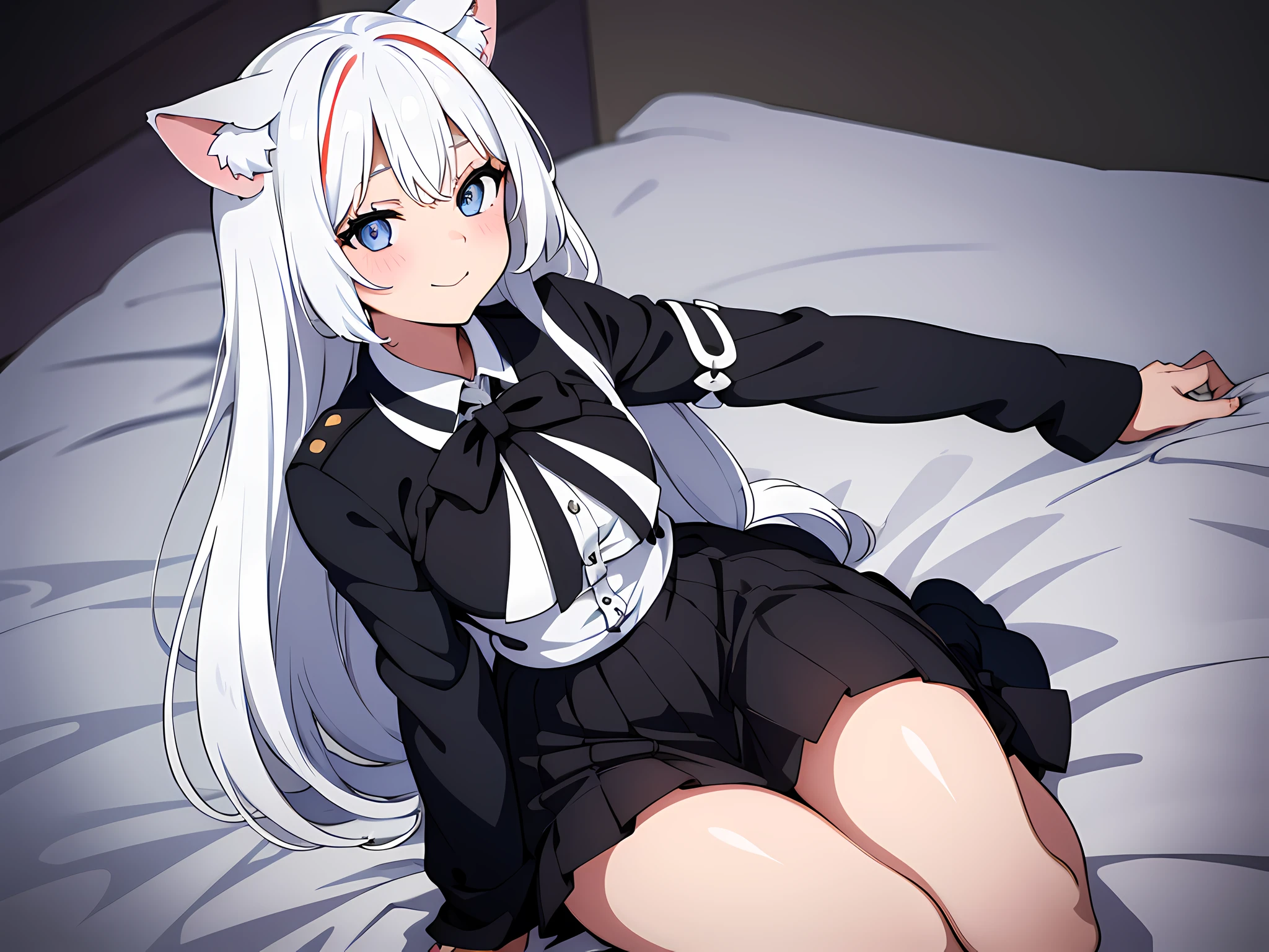 (1girl in, with nekomimi),(beautiful eyes finely detailed, Face to detail, black and white hair color, multi colored hair), oldschool black magical student uniform, long skirt, sitting on bed with arms behind her back, mischievous facial expression, smiling, blush on her face, camera angle from top, full body, masterpiece sidelighting, masterpiece, top-quality, detailed, High resolution illustration