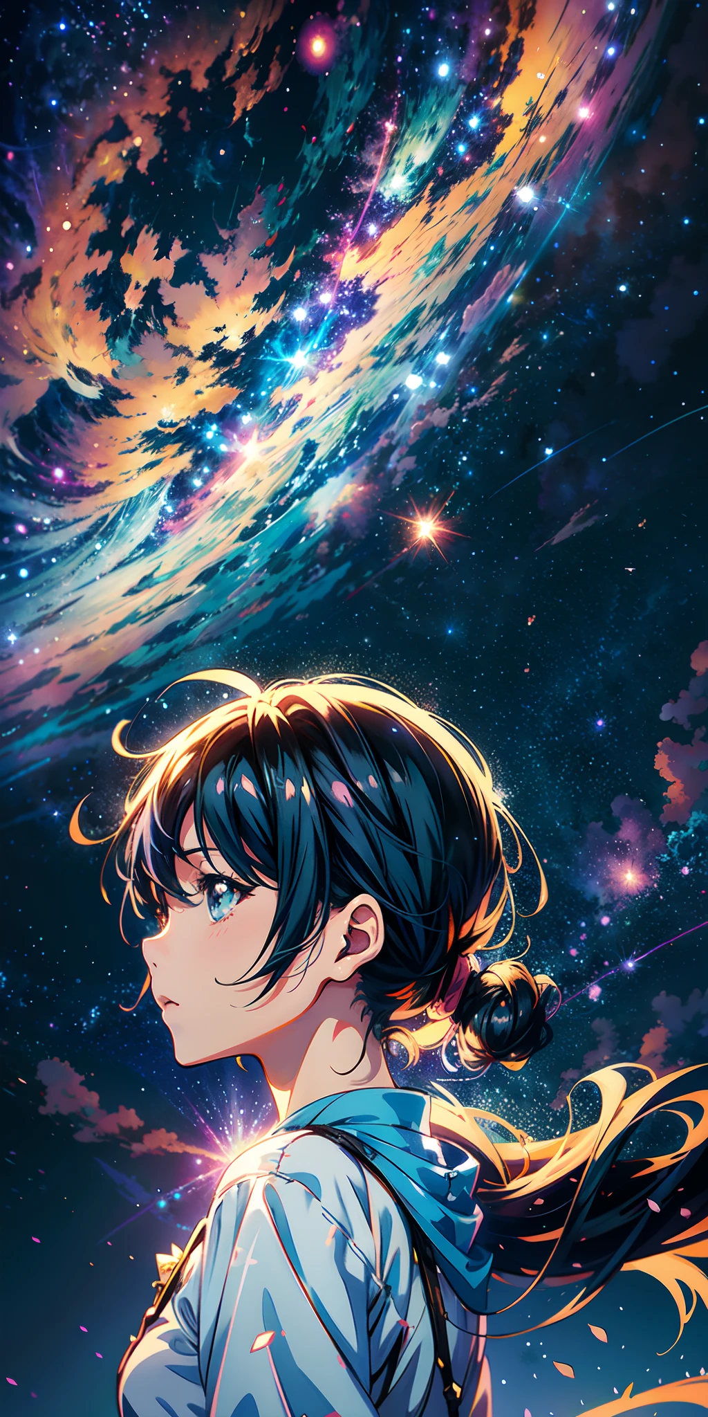 anime wallpapers of a girl looking at a view of the sky and stars, cosmic skies. by makoto shinkai, anime art wallpaper 4 k, anime art wallpaper 4k, anime art wallpaper 8 k, anime sky, amazing wallpaper, anime wallpaper 4 k, anime wallpaper 4k, 4k anime wallpaper, makoto shinkai cyril rolando, anime background art
