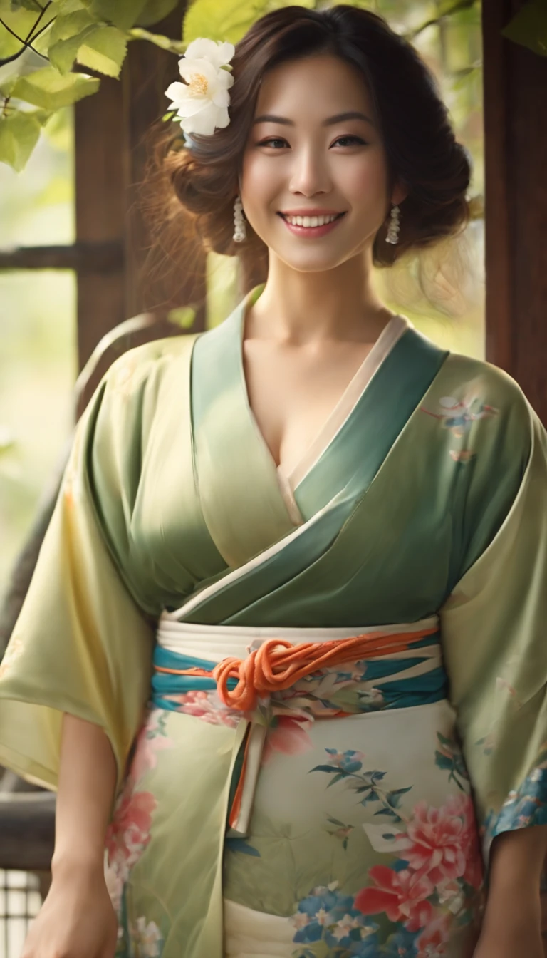 Young and beautiful smiling woman in Japan, huge tit, Without bra,kimono, Realistic