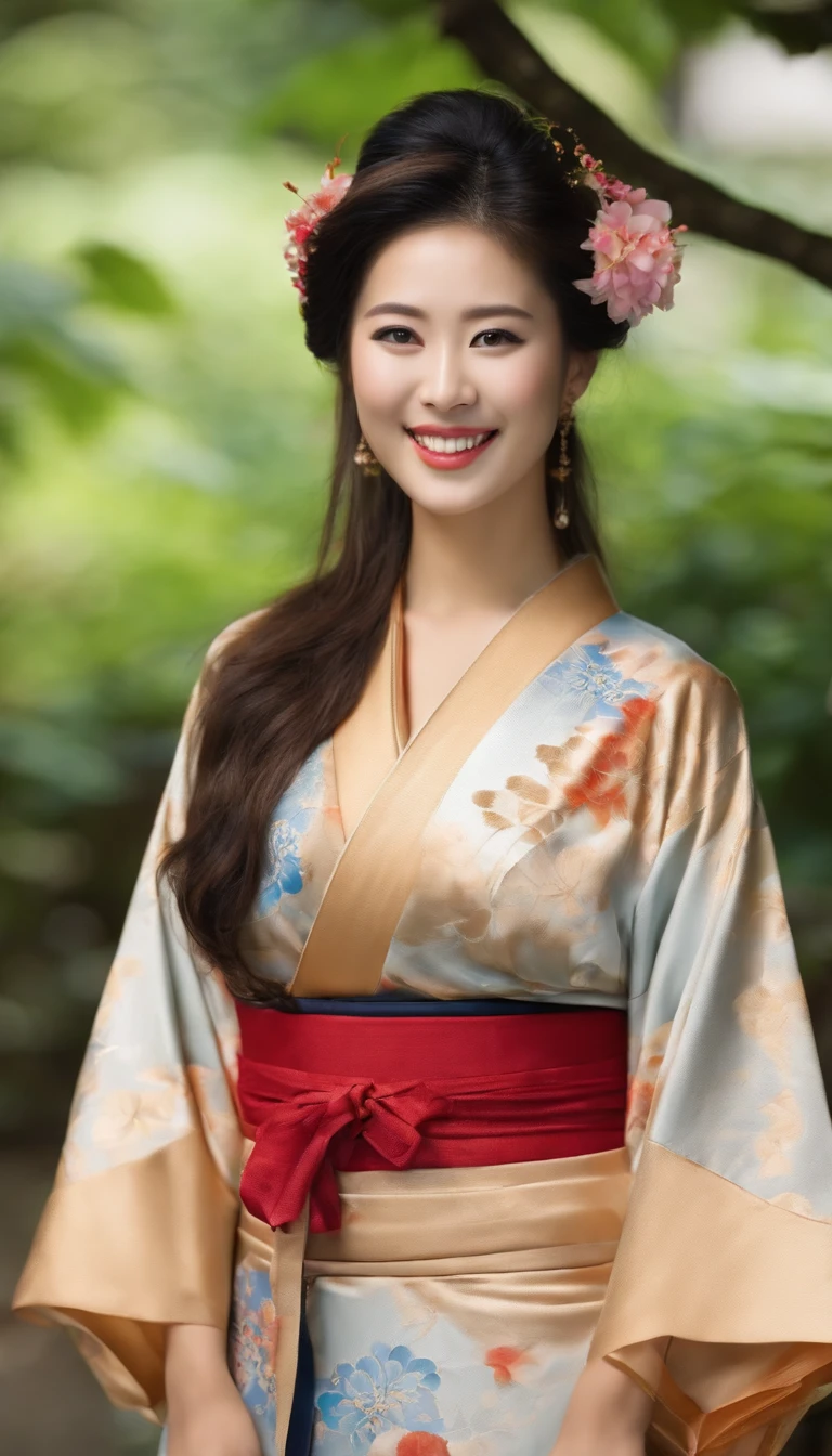 Young and beautiful smiling woman in Japan, huge tit, Without bra,kimono, Realistic