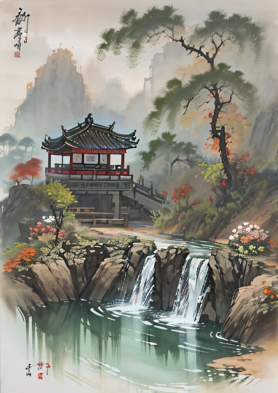 huaniao, [(white background:1.5)::5], mid shot, full body, chinese style, flowers,((fish)),stone fragment, beautiful detailed water,pool,