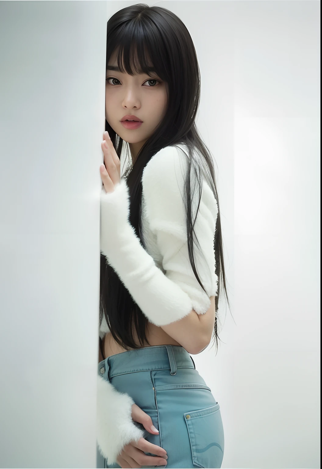 A close-up of a person standing near a wall with a cell phone, Xision Wu, Chica coreana, ulzzang, Foto de Slim Girl Model, Peinado blanco de corte hime, 2 4 year old female model, Foto de Slim Girl, Xintong Chen, Asian girl with long hair, Jinyoung Shin, Ella tiene el pelo negro con flequillo, Heonhwa Choe