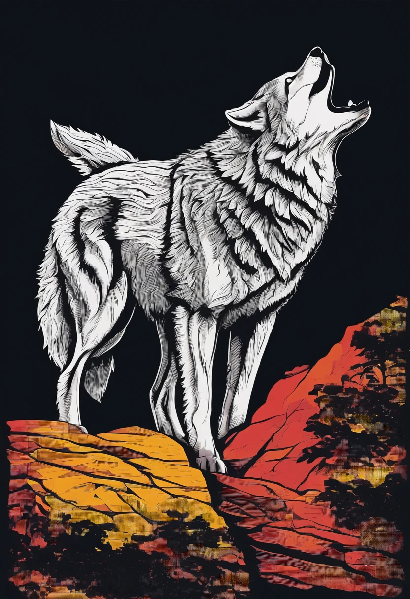 White silhouette design of a single wolf,Silhouette on the edge of a cliff,Wolf howl:1.5,black backgrounds,Beautiful Silhouette,biologically correct