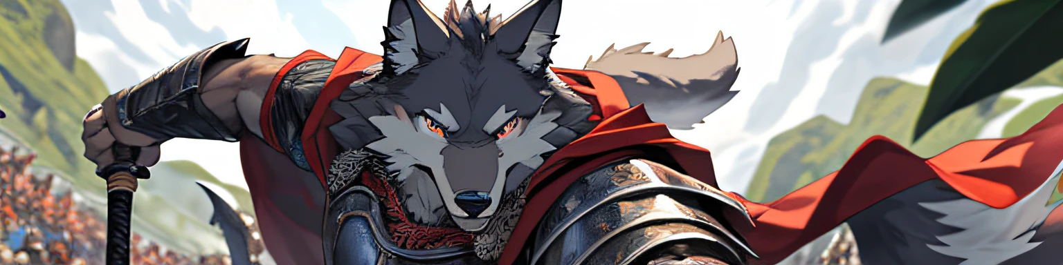 Anthro((dramatic))epic, dynamic pose, One scene of movie, An extreme perspective with a powerful composition, depth of field, motion blur, absurdres, looking at viewer, Perfect Anatomy, magnificent picture of kemono fighting fierce battles, weapon, (best quality), (masterpiece), (ultra detailed), sharp focus, niji, eyesgod, black eye, furry, light-white fur, brown fur, black beard, upper body, anthro (wolf), male, (wolf), middle-aged, gray body, white belly, tail, muscular, knight costume, long red cherry cloak, ultra detailed face, close up with fierce face