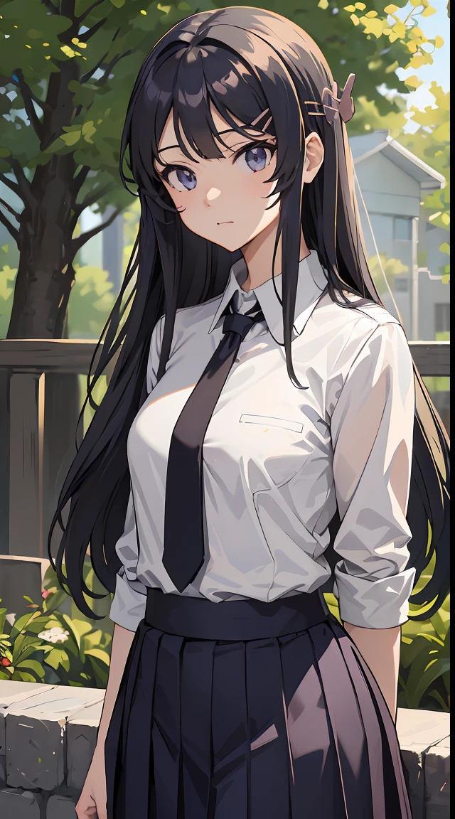 (Masteepiece: 1.2), best quality, high resolution, MaiSakurajima, 1girl, solo, long hair, shirt, black hair, hair ornament, closed mouth, school uniform, purple eyes, white shirt, outdoors, in the garden, tie, barrette hair, collared shirt, gray tie, light blue long skirt, standing