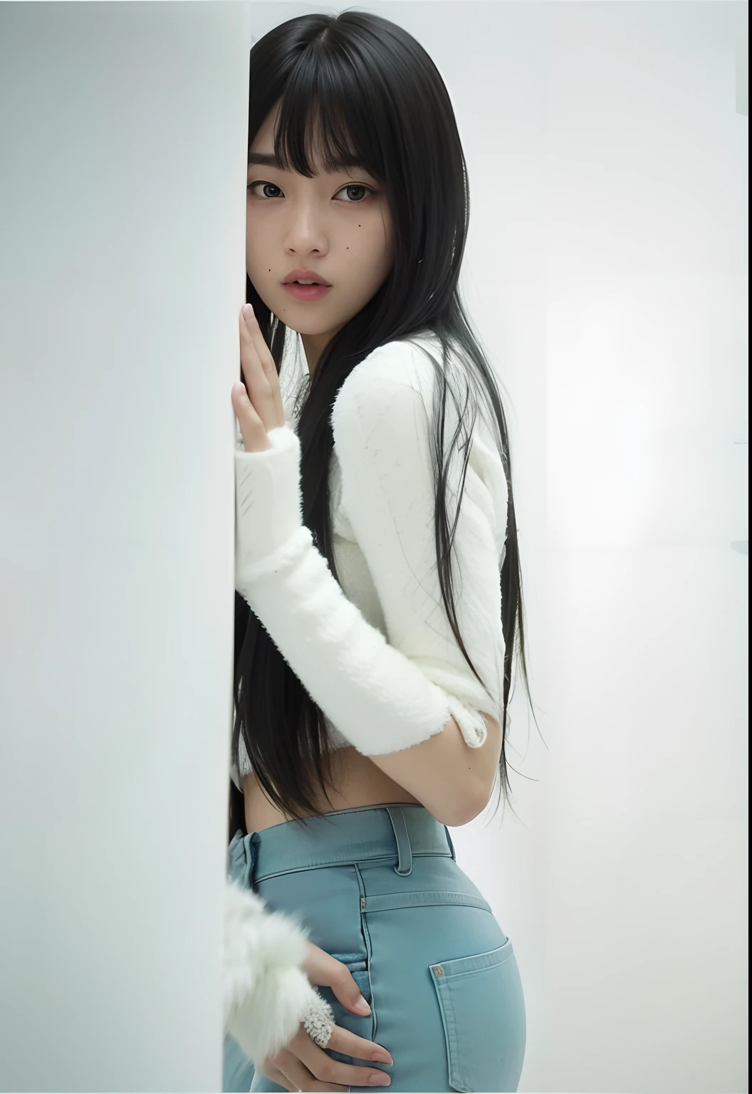 A close-up of a person standing near a wall with a cell phone, Xision Wu, Chica coreana, ulzzang, Foto de Slim Girl Model, Peinado blanco de corte hime, 2 4 year old female model, Foto de Slim Girl, Xintong Chen, Asian girl with long hair, Jinyoung Shin, Ella tiene el pelo negro con flequillo, Heonhwa Choe