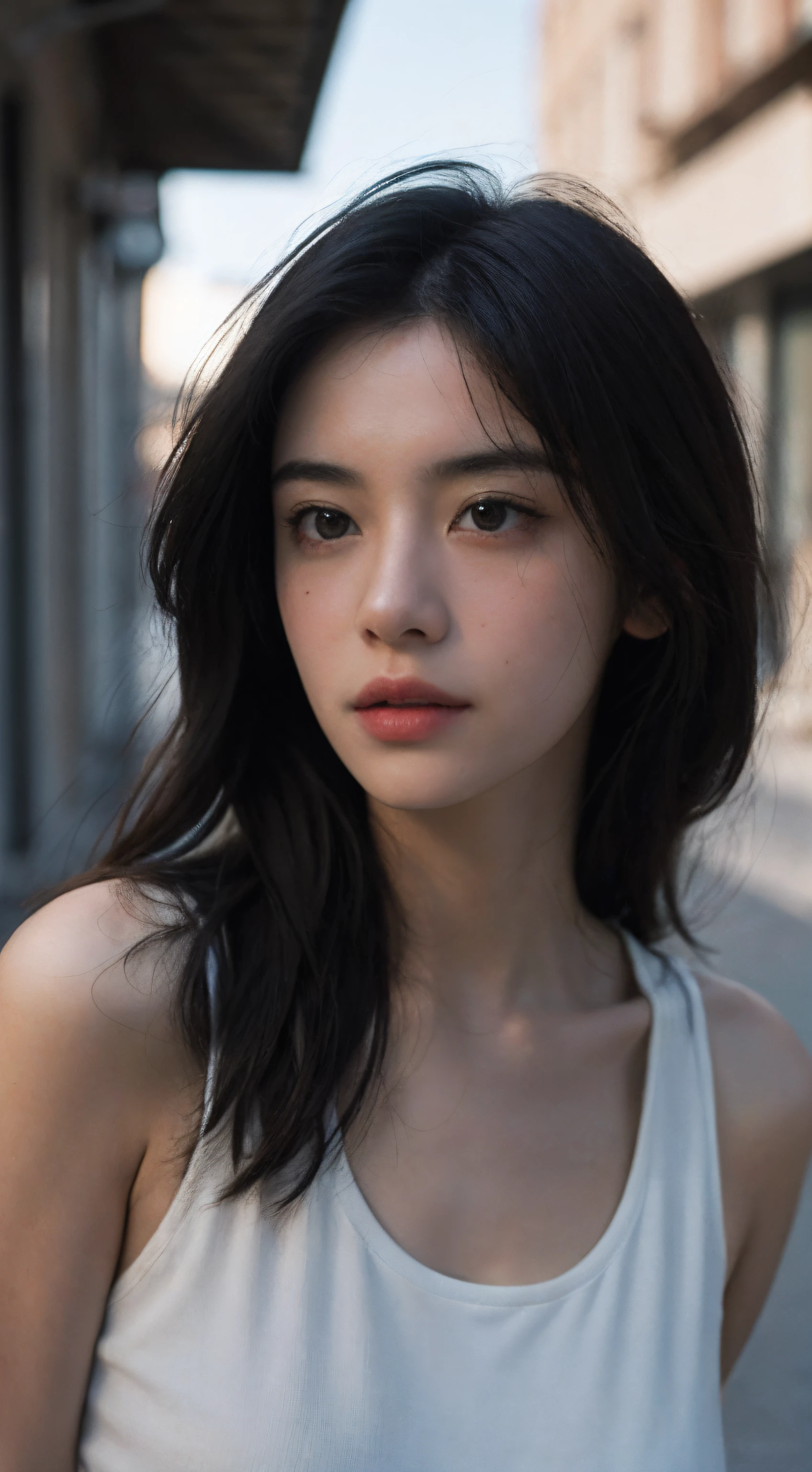 Best quality, masterpiece, ultra high res, (photorealistic:1.5), raw photo, 1girl, white tank top, street background , deep shadow, low key, cold light, sexy look, long hair