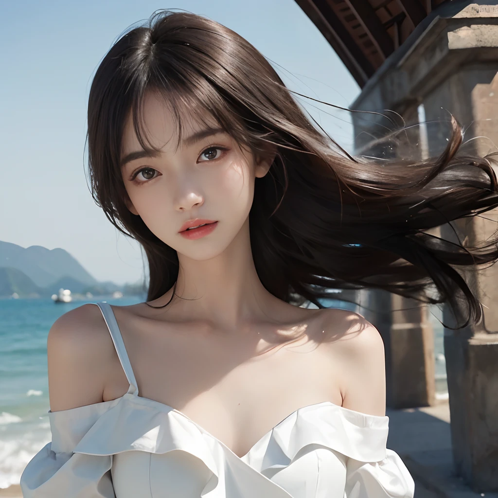 (A logo、​masterpiece、8K、masutepiece、Raw photo、Fantastic、Best Quality、Photorealistic and ighly detailed CG integrated 8k wallpaper、hightquality、ighly detailed、epic poem、Particle effect、Dynamic effects、depth of fields、Cinematic Light、Lens Flare、Ray tracing)、Fantasia、 (Beauty 1 person、doress、Dress、Cherry blossom pattern、A dark-haired、Beautiful face、Real Face、beautiful details eyes beautiful skin)、my hair dances in the wind、Hair flutters in the wind、Hair jumps、Pink cherry blossom tree、Petals flutter、Sakura blizzard、Superb view、morning glow、Sun in the background、the wind、