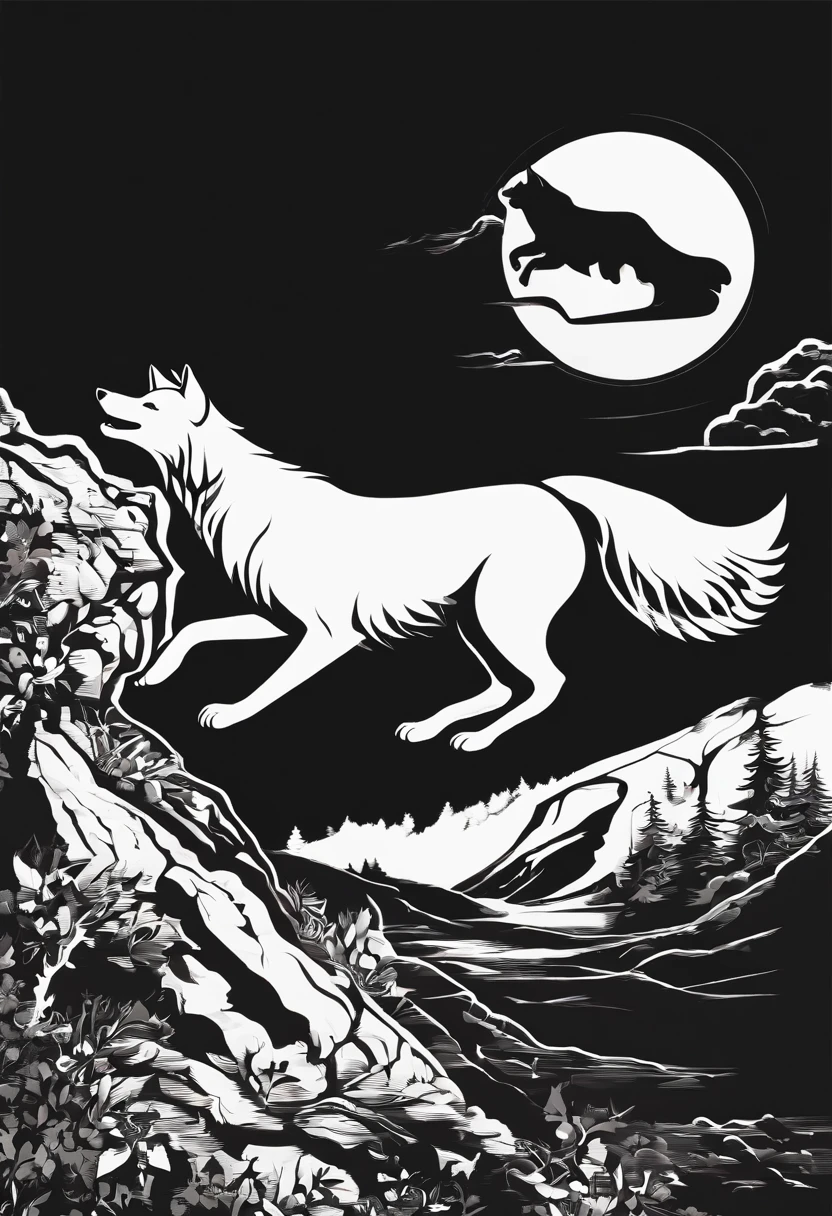 White silhouette design of a single wolf,Silhouette on the edge of a cliff,Wolf howl:1.5,black backgrounds,Beautiful Silhouette,biologically correct