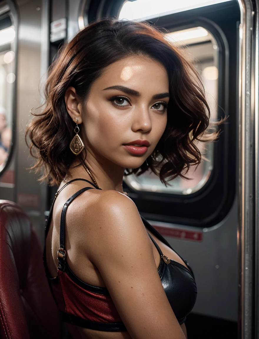photo of mature woman standing, solo, jewelry, earrings, green eyes, looking at viewer, makeup, curly hair, lipstick, red hair, red lips, (steam punk style:1.2), retro style, fantasy, realistic, closeup, ([Adriana Lima | Jennifer Lopez ]:1.1) wearing garter belt, inside train, retro, realistic, pinup girl, muted colors, sepia, orange hair, short hair, mole, parted lips, curious, shiny