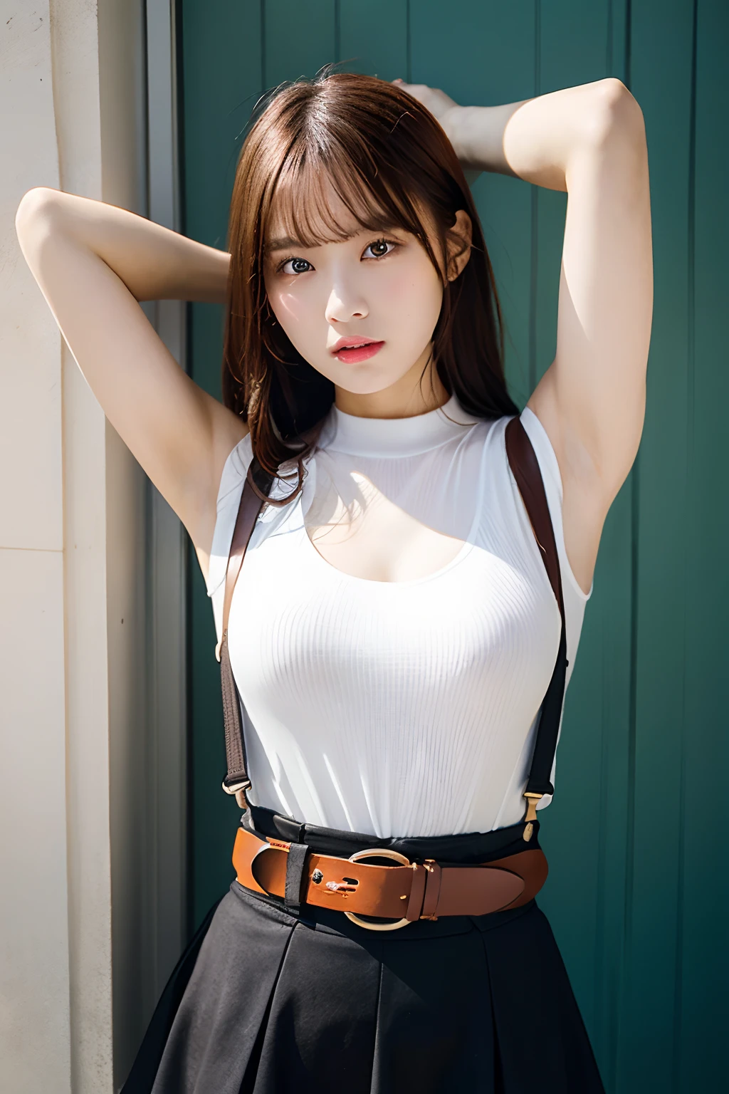 masterpiece、flat-colors、depth of fields、lens flare 1 girl、、Brown hair、watching at viewers a belt black suspenders big breasts Armpit sweat perspiring Side of both hands walls: Gaze a miniskirt garterbelts