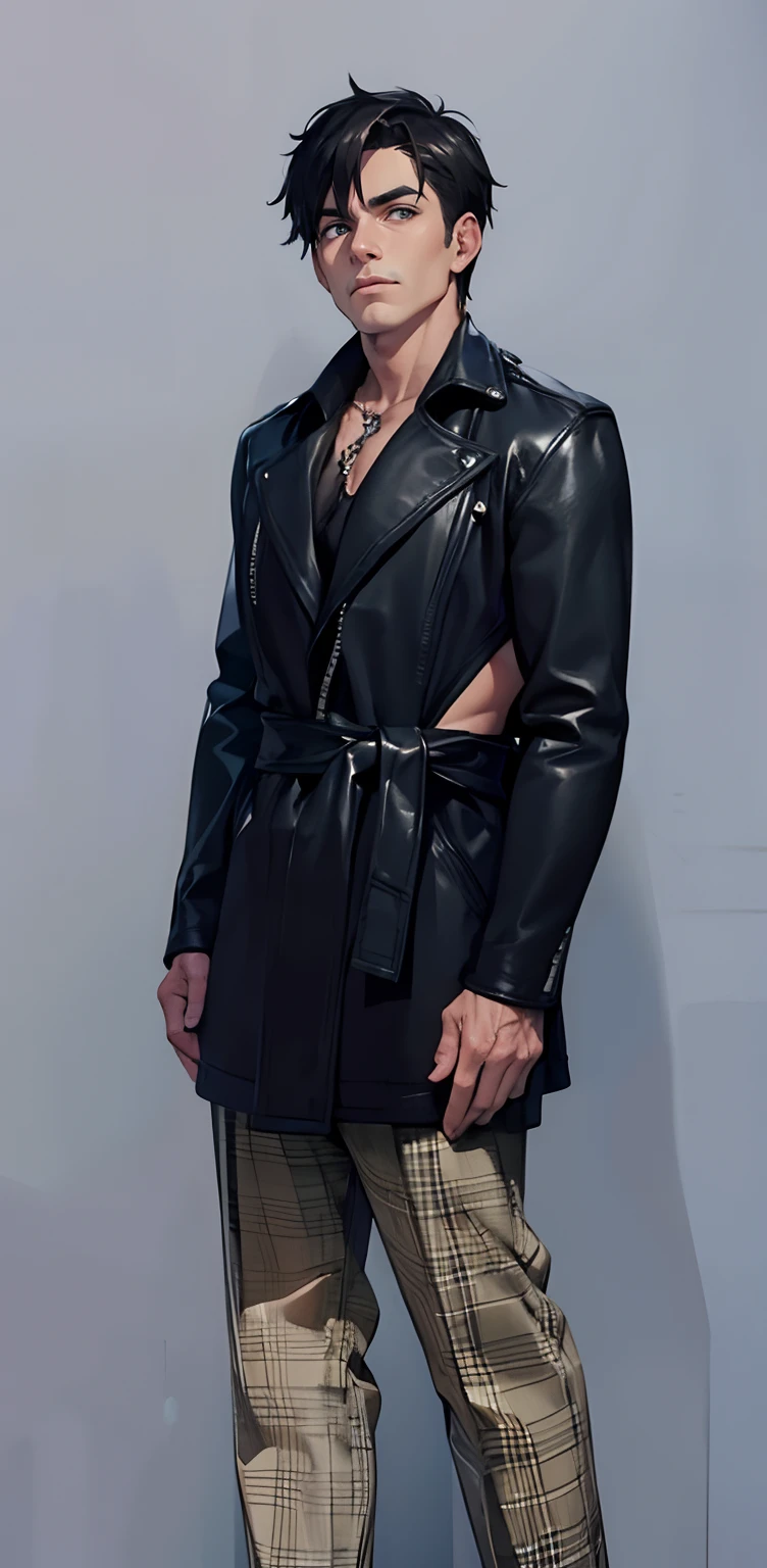 A man in a black leather jacket and plaid pants, skintight jet black leahter coat, Black leather garment, black leather slim clothes, Leather coat, wearing a leather trench coat, jacket over bare torso, Leather clothes, Tattered fur coats, leather outfit, long black jacket, Leather trench coat, author:Emma Andievska, wearing a fur coat, Fitness model
