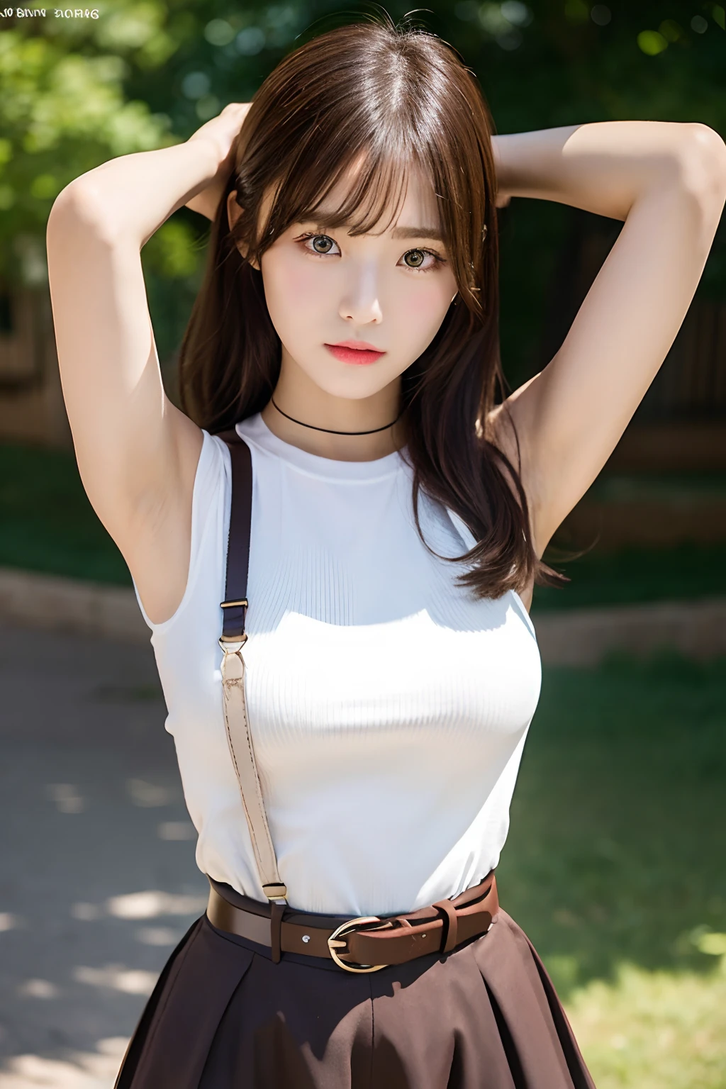 ​masterpiece、flat-colors、depth of fields、lens flare 1 girl、、Brown hair、watching at viewers　　　　a belt　black suspenders　　　big breasts　　　 　 Armpit sweat　perspiring　Side of both hands　　walls: 　 　Gaze 　a miniskirt　garterbelts