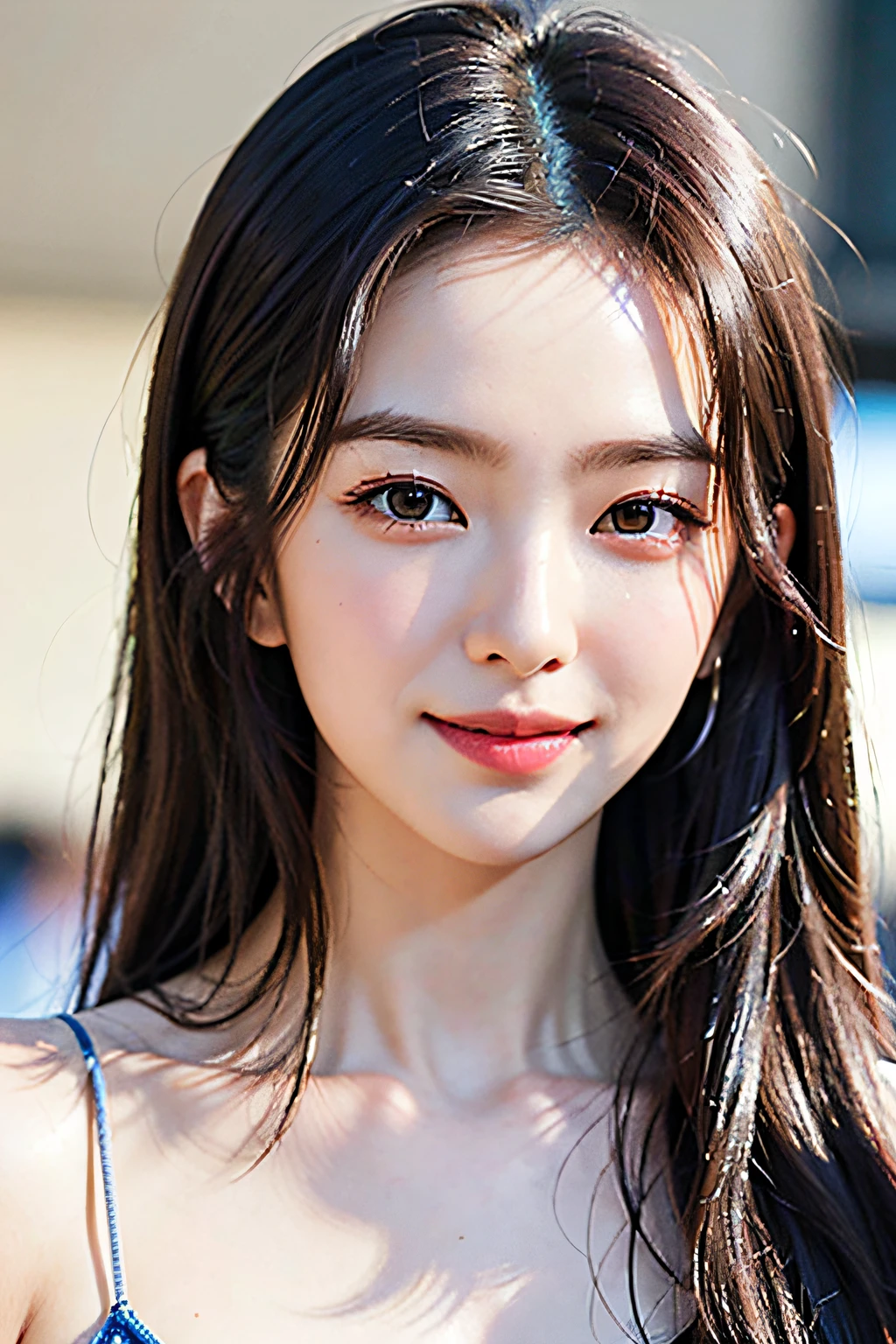 超A high resolution、masterpiece、top-quality、
extra detailed face、A detailed eye、Very complex and、perfect glossy shiny skins、Perfect litthing、Detailed Lighting、Dramatic shadows、Ray traching、
1 girl in、The upper part of the body、Blue summer clothes、looking at the viewers、Shy smile