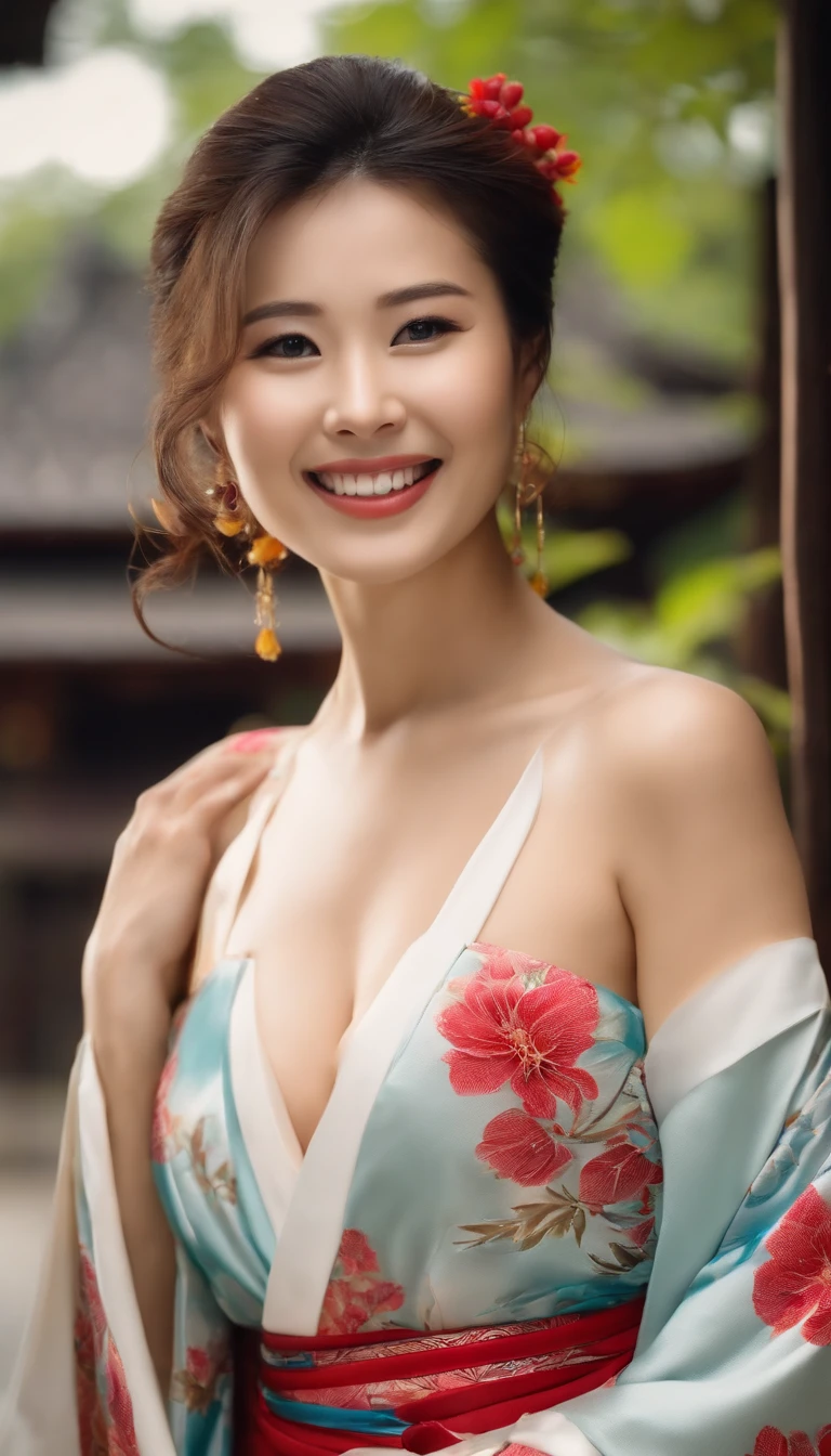 Young and beautiful smiling woman in Japan, Colossal tits, Without bra,Kimono, Realistic