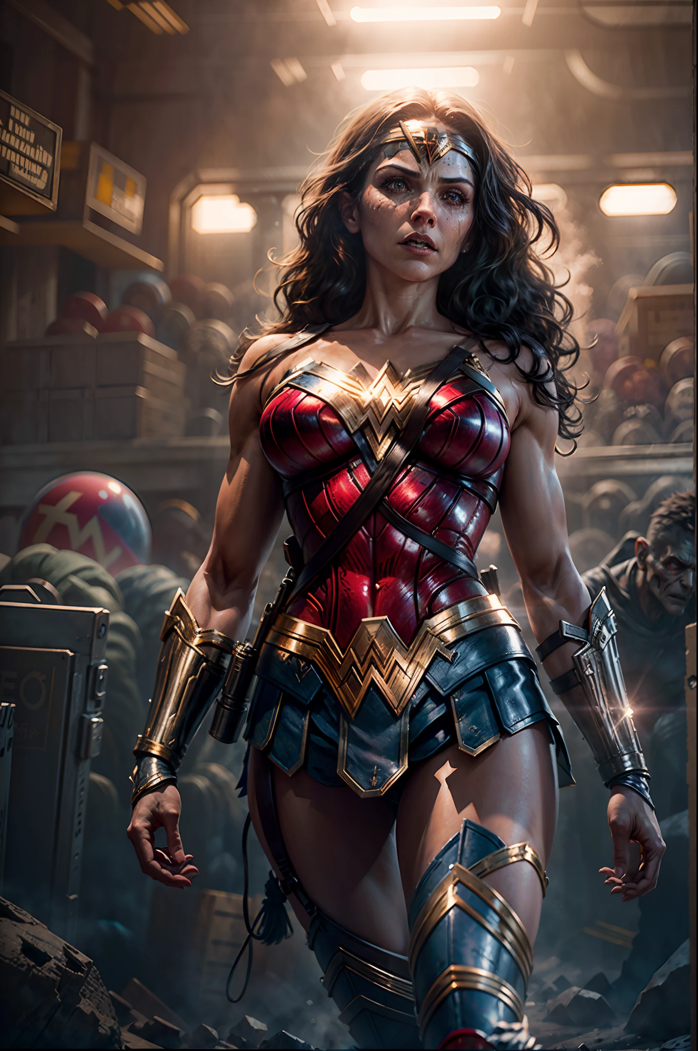 Scene from Movie, Wonder Woman from DC Close-Up, Distorted Space, Distorted Undead in the Background, Lens Flares, Light Shafts, Intricate Details, High Detailed, Volumetric Lighting, 4k Rendering, Stock Photo, Hyper-Realistic, Realistic Textures, Dramatic Lighting, Unreal Engine