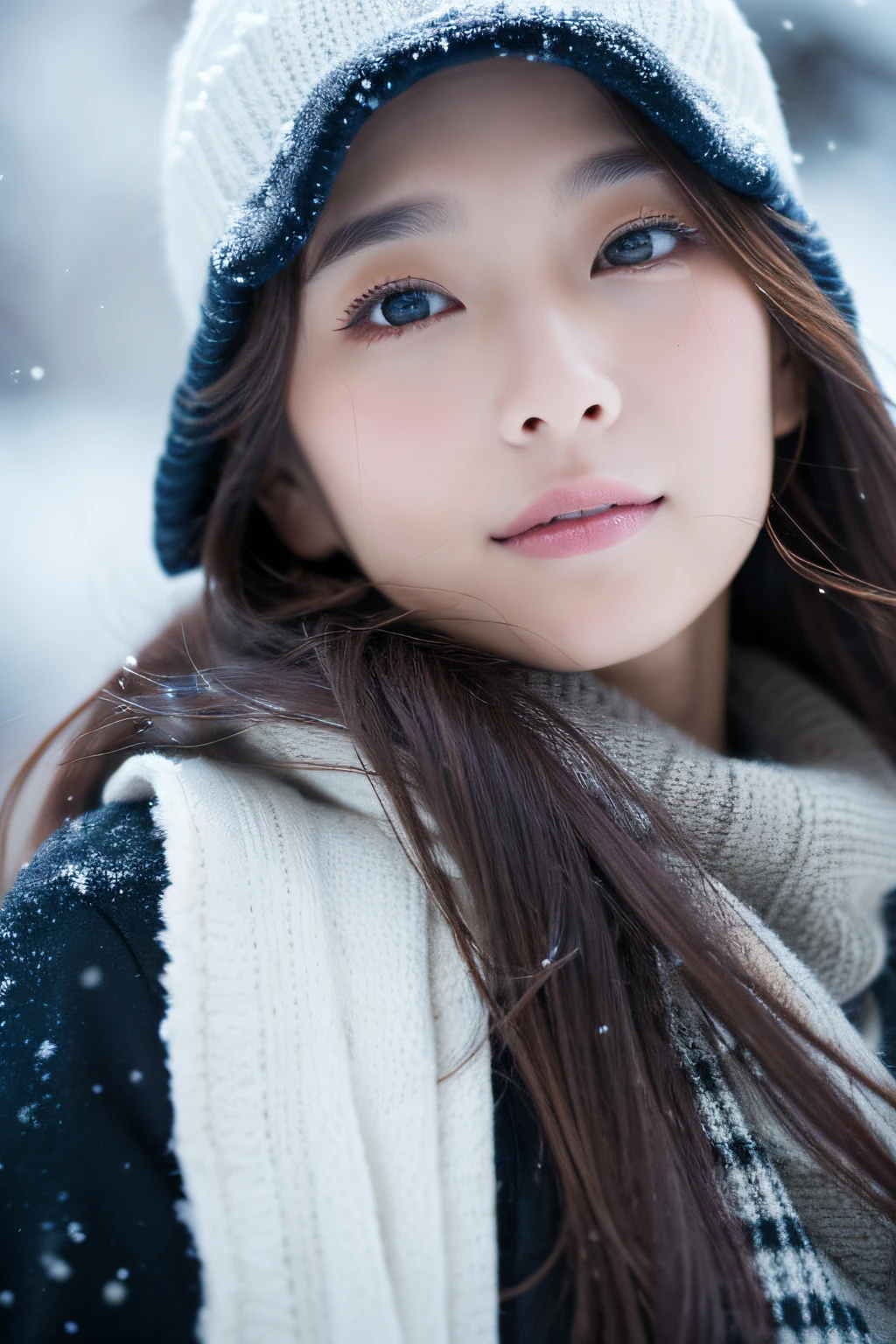 ((top-quality、8k、masuter piece:1.3))、(Beautiful, realistic Japan people),1 female、Winter coat、(爆乳:1.2)、muffler、Yarn hat、gloves、hyperdetailed face、High detailed lips、A detailed eye、二重まぶた 、snowflakes falling、White breath、sideways Facing、look up sky、large tree、naturey、kou、a white world、
