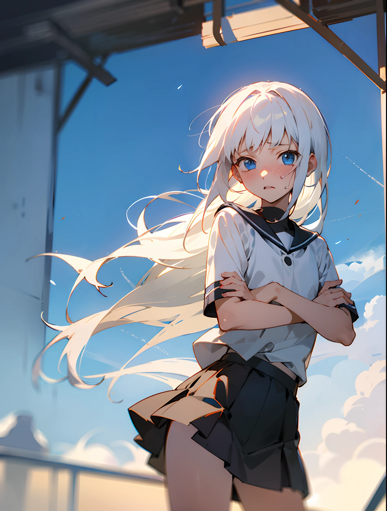 boy, wearing a short skirt, and embarrassed, she has blue eyes and white hair, she is also (anime)