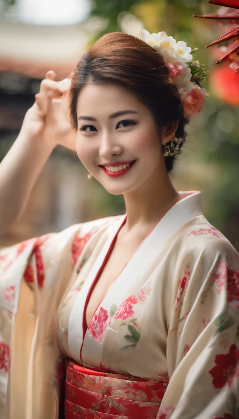 Young and beautiful smiling woman in Japan, Colossal tits, Without bra,Kimono, Realistic